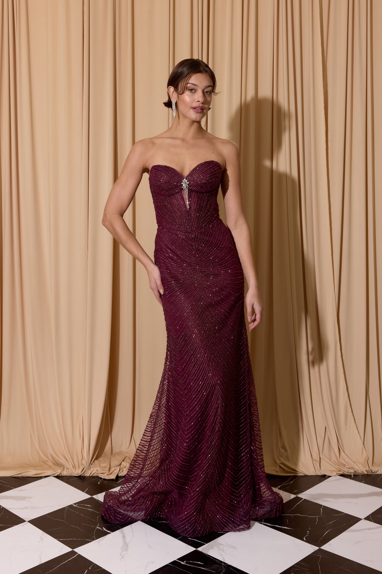 Merlot Sweetheart Neck Floor-Length Sequin Mesh Prom Gown with Corset Bodice Eureka Fashion EK195