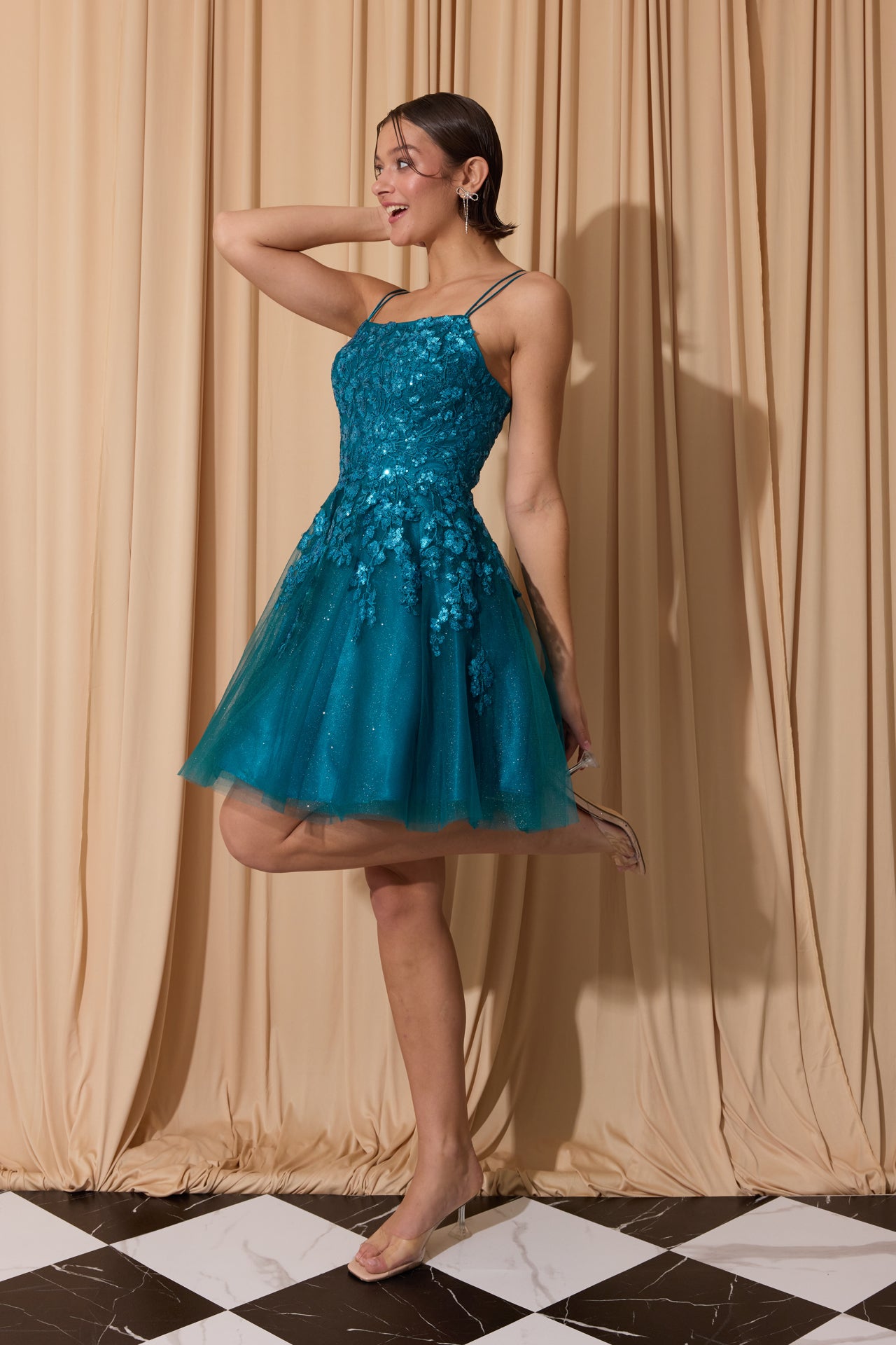 Teal Square Neck Mini Tulle Short Prom Dress with Floral Appliqué and Sequin Accents Eureka Fashion EK127