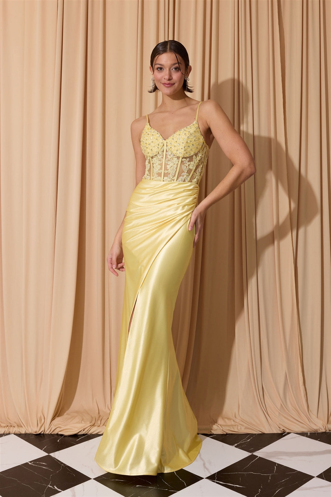 Yellow Sweetheart Floor-Length Satin Prom Dress with Corset Bodice and High Slit Eureka Fashion EK203
