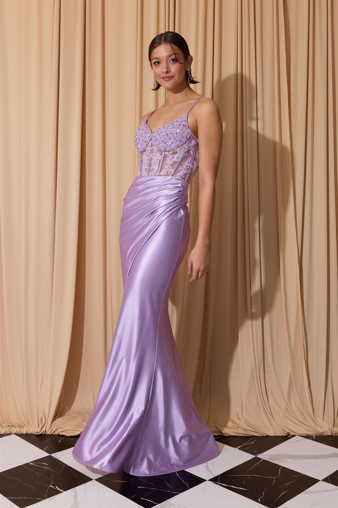 Periwinkle Sweetheart Floor-Length Satin Prom Dress with Corset Bodice and High Slit Eureka Fashion EK203
