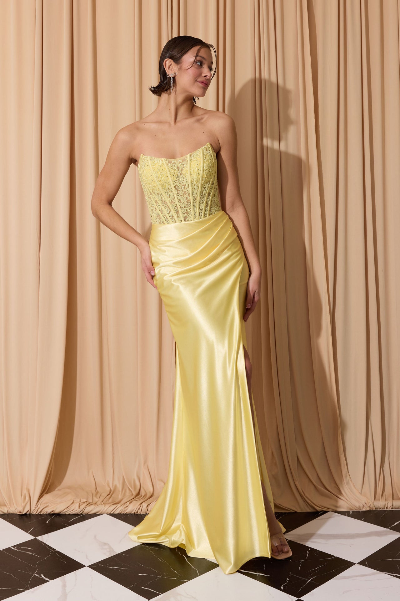 yellow strapless corset dress Elegant Yellow Strapless Ruffles Corset Prom Dress with Slit, PD382266 AlineBridal