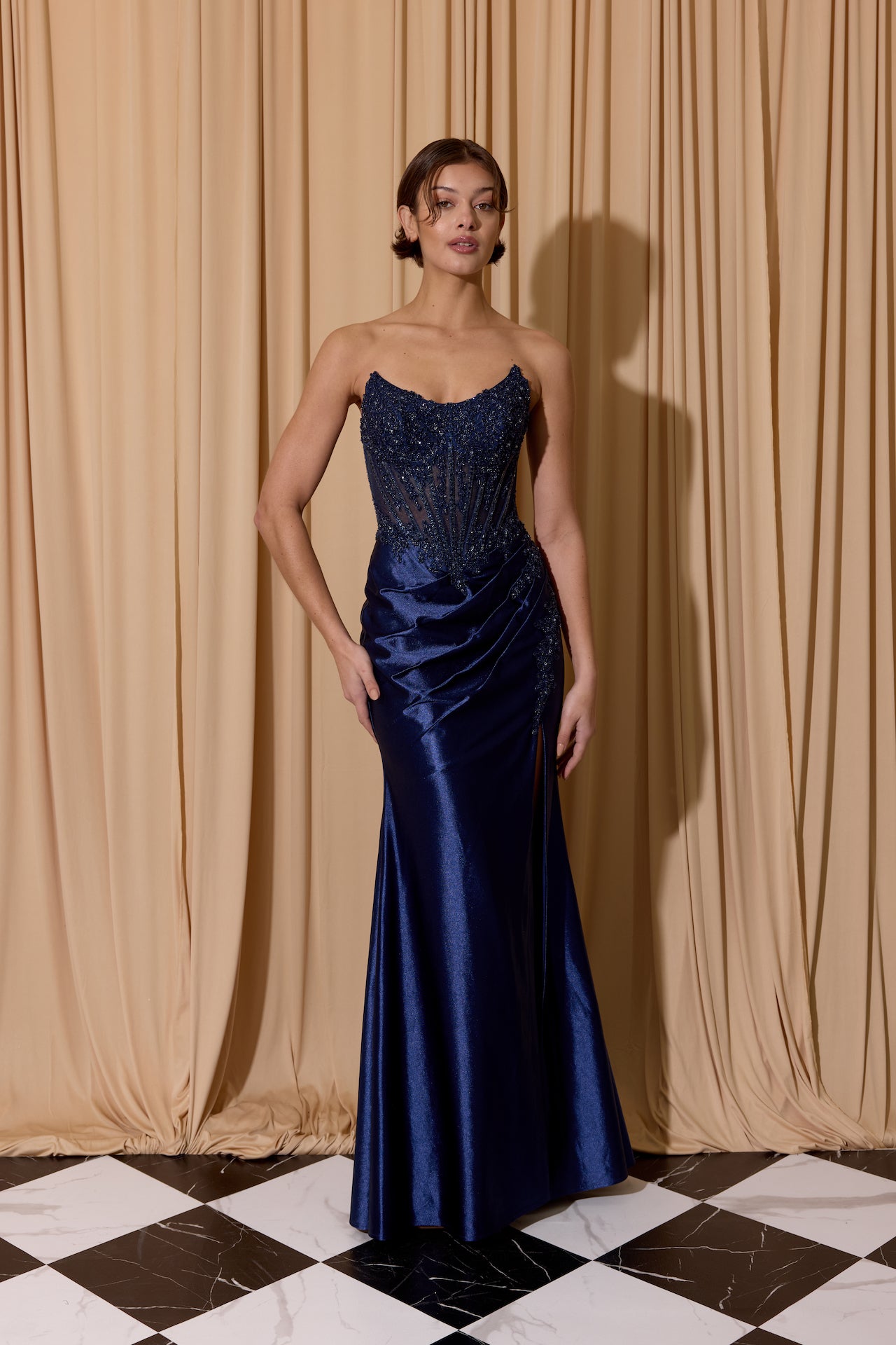 Navy Strapless Floor-Length Satin Prom Dress with Beaded Corset Eureka Fashion EK202