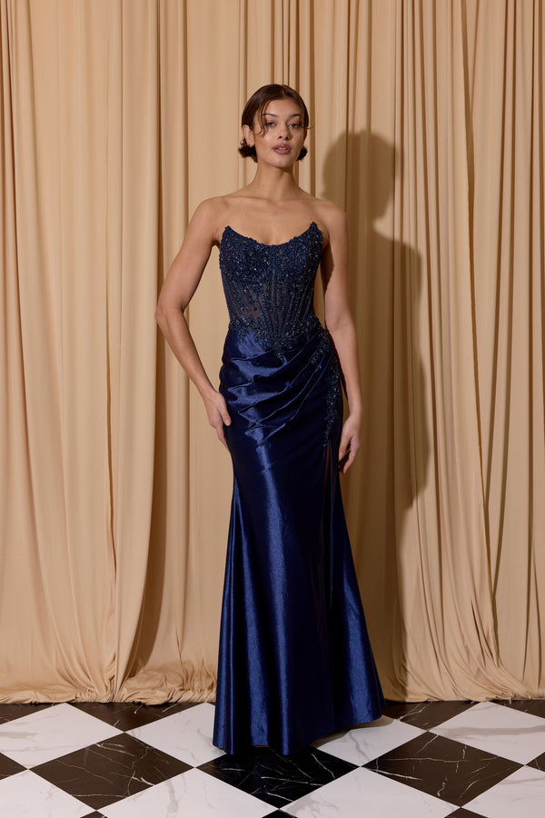 Strapless Floor-Length Satin Prom Dress with Beaded Corset Eureka Fashion EK202
