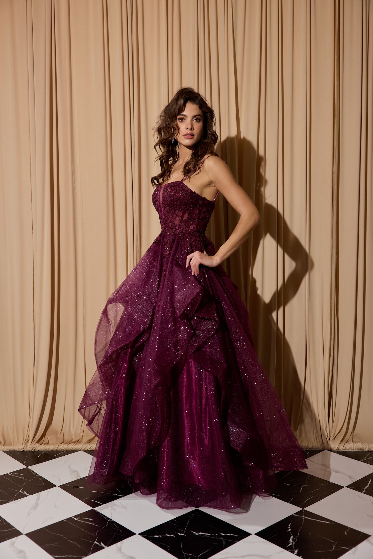 Berry Sweetheart Neck Floor-Length Glitter Tulle Prom Gown with Ruffled Skirt Eureka Fashion EK157