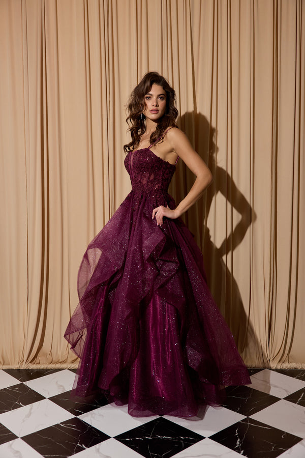 Sweetheart Neck Floor-Length Glitter Tulle Prom Gown with Ruffled Skirt Eureka Fashion EK157
