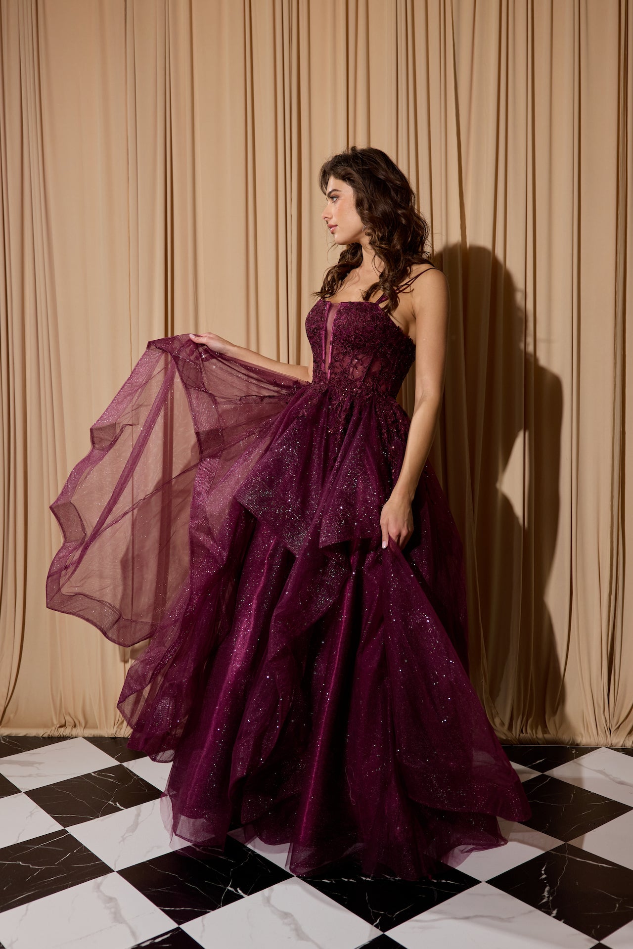 Berry Sweetheart Neck Floor-Length Glitter Tulle Prom Gown with Ruffled Skirt Eureka Fashion EK157