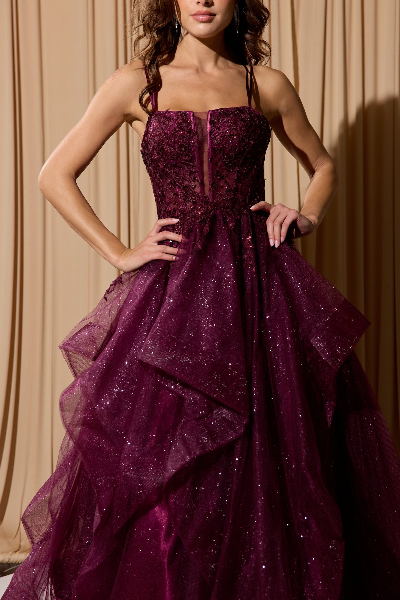 Berry Sweetheart Neck Floor-Length Glitter Tulle Prom Gown with Ruffled Skirt Eureka Fashion EK157