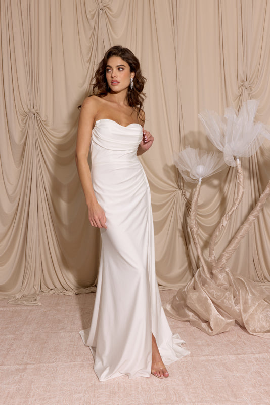 Off White Strapless Floor-Length Jersey Side Train Bridal Gown Eureka Fashion EK178