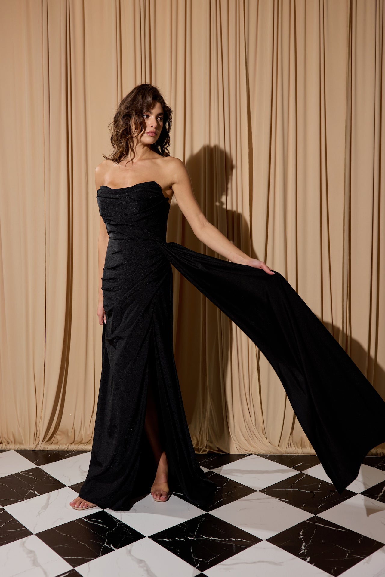 Black Strapless Floor-Length Jersey Formal Side Train Gown Eureka Fashion EK178
