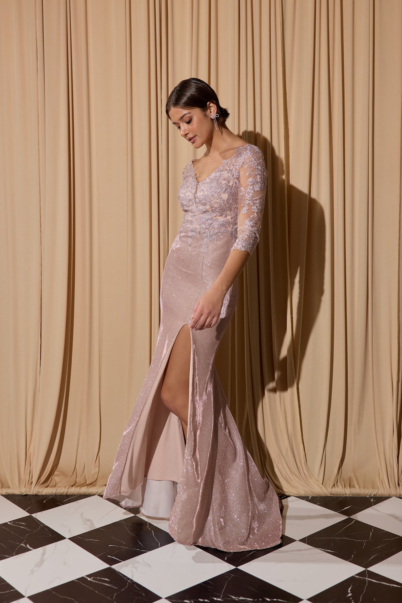 Prom Dresses Fitted Long Formal Slit Glitter Prom Dress Eureka Fashion 9970 Rose Gold
