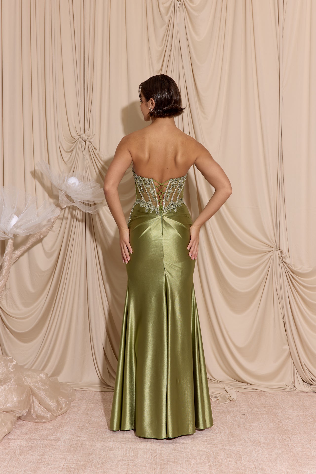 Sage Strapless Floor-Length Satin Prom Dress with Beaded Corset Eureka Fashion EK202