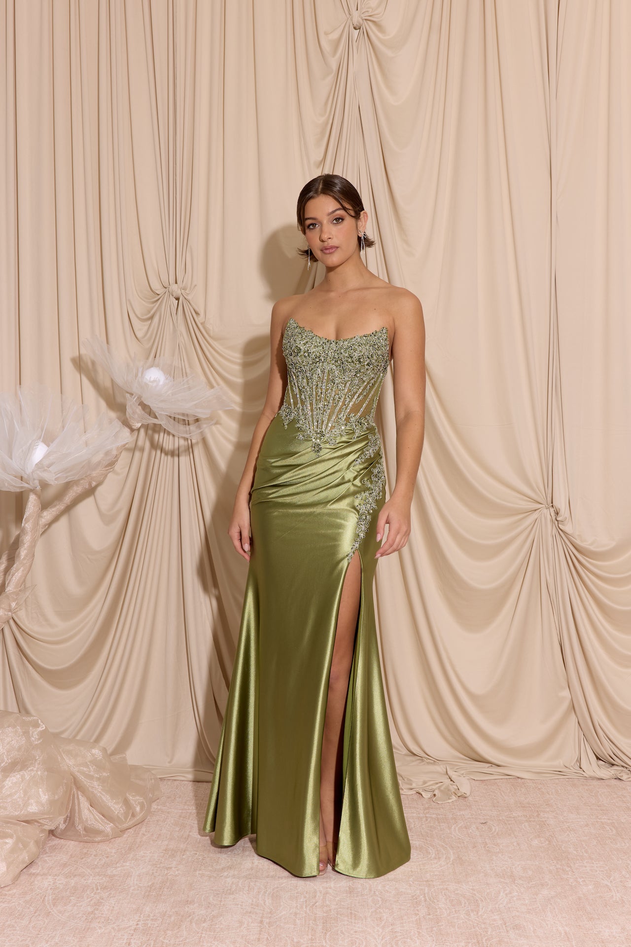 Sage Strapless Floor-Length Satin Prom Dress with Beaded Corset Eureka Fashion EK202