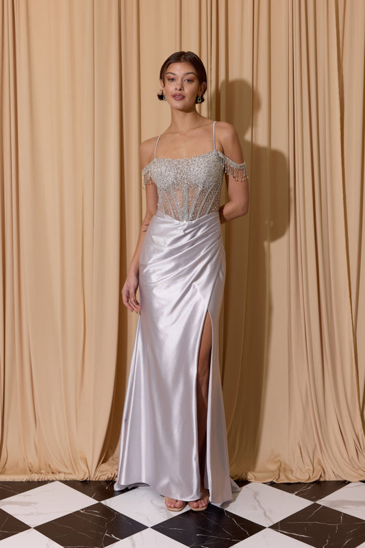 Platinum Off-the-Shoulder Floor-Length Satin Prom Beaded Corset Gown Eureka Fashion EK179