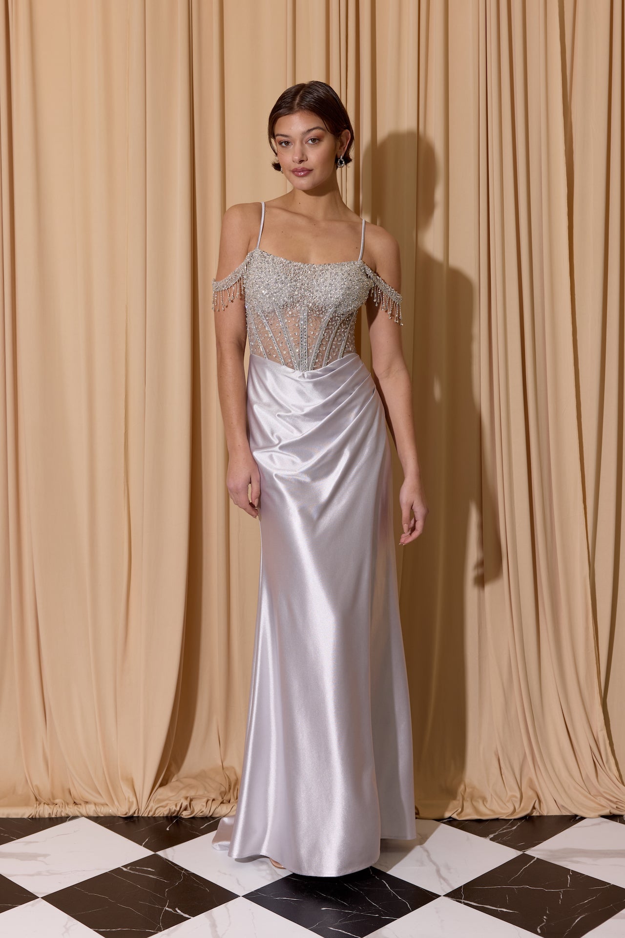 Platinum Off-the-Shoulder Floor-Length Satin Prom Beaded Corset Gown Eureka Fashion EK179