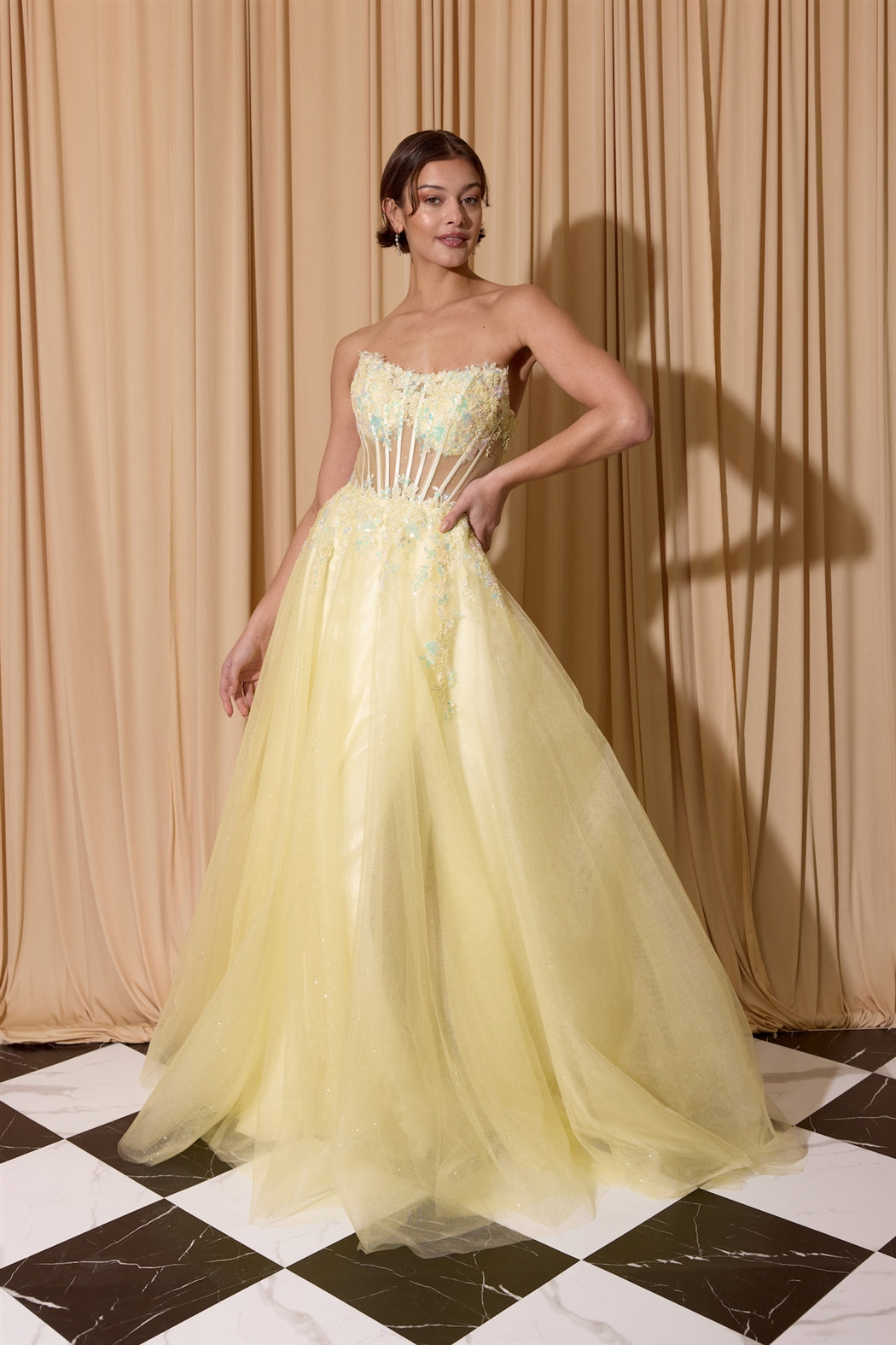 Soft Yellow Strapless Floor-Length Tulle Formal Floral Applique Gown Eureka Fashion EK208