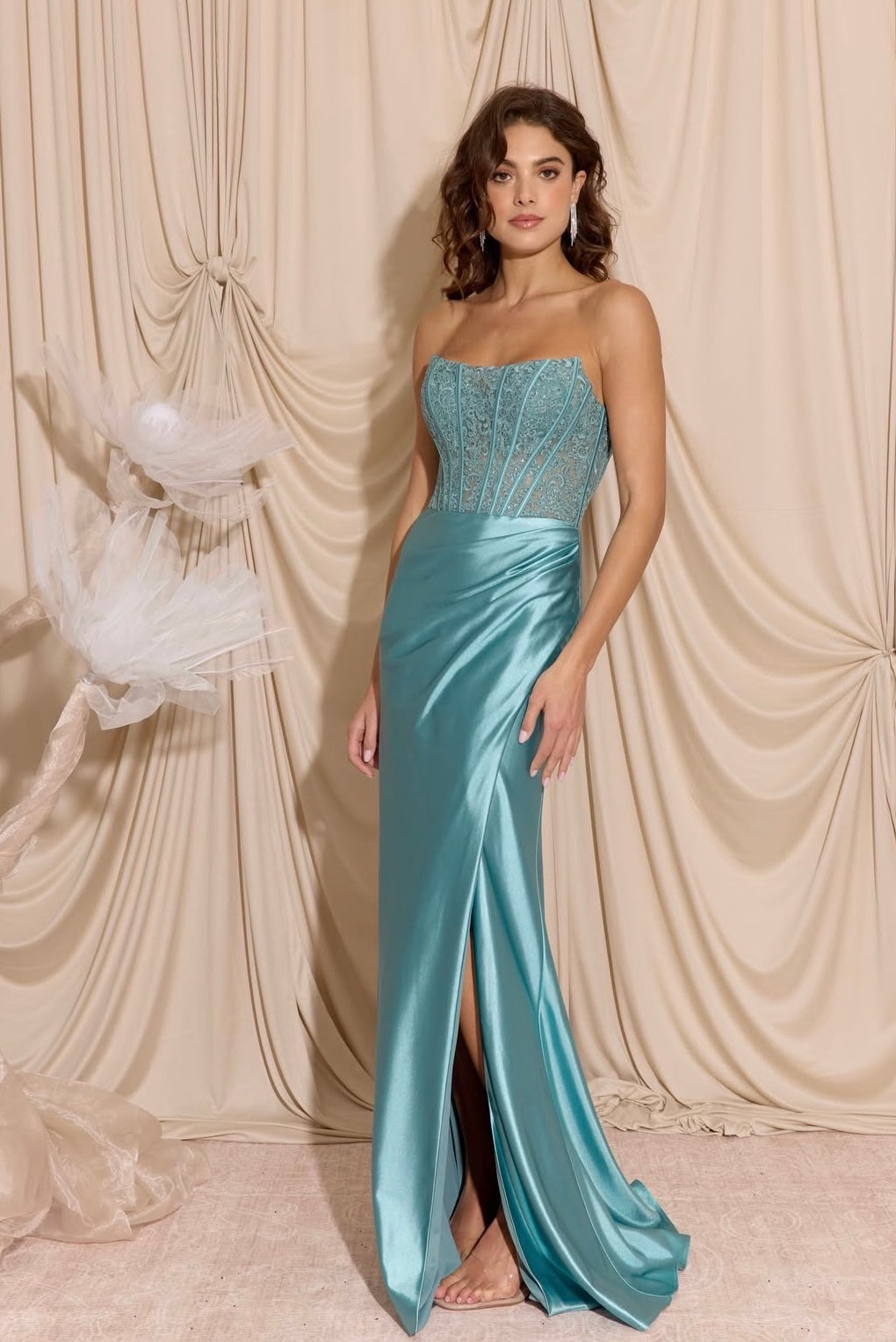 Sea Green Strapless Floor-Length Satin Prom Lace Corset Gown Eureka Fashion EK193