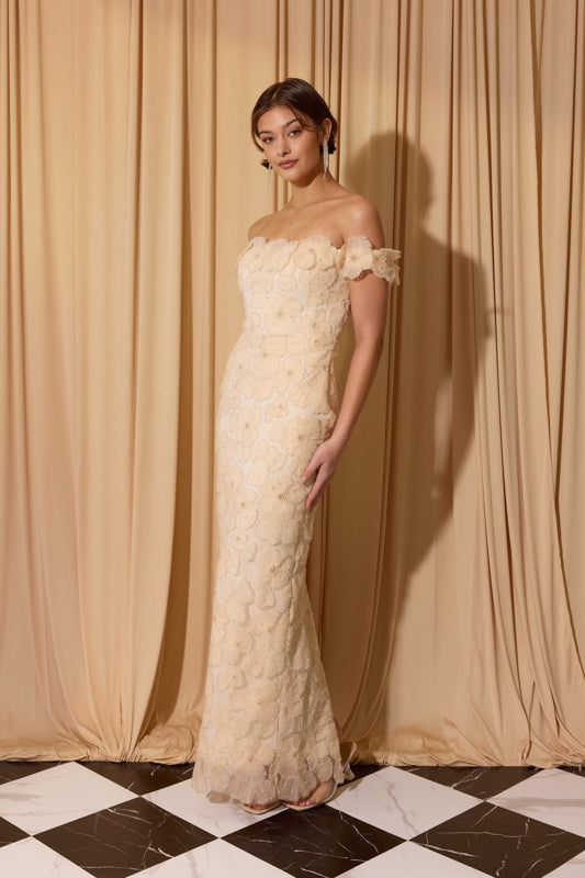 Cream Off-the-Shoulder Floor-Length Lace Formal Floral Applique Gown Eureka Fashion EK205