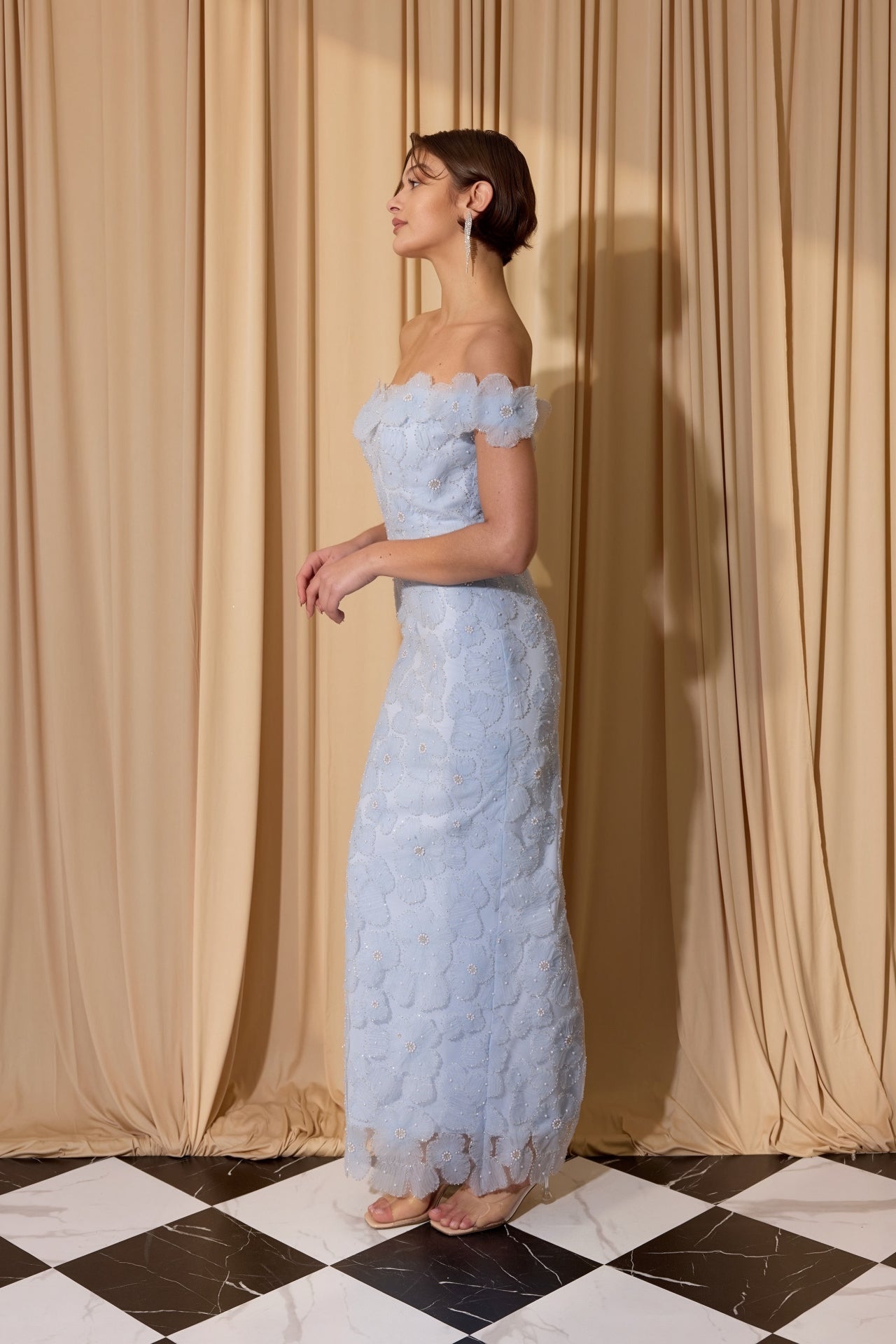 Powder Blue Off-the-Shoulder Floor-Length Lace Formal Floral Applique Gown Eureka Fashion EK205