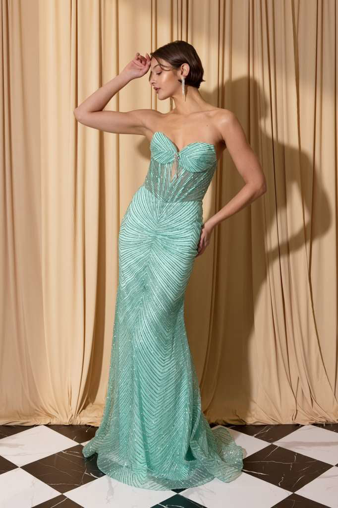 Mint Sweetheart Neck Floor-Length Sequin Mesh Prom Gown with Corset Bodice Eureka Fashion EK195