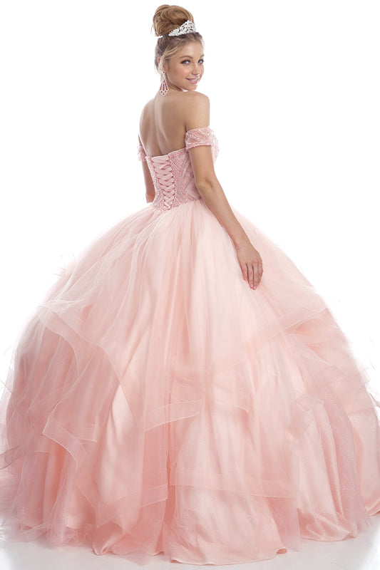 Quinceniera Dresses Glitter Long Beaded Ball Gown Quinceanera Dress Juliet JT1424 Blush