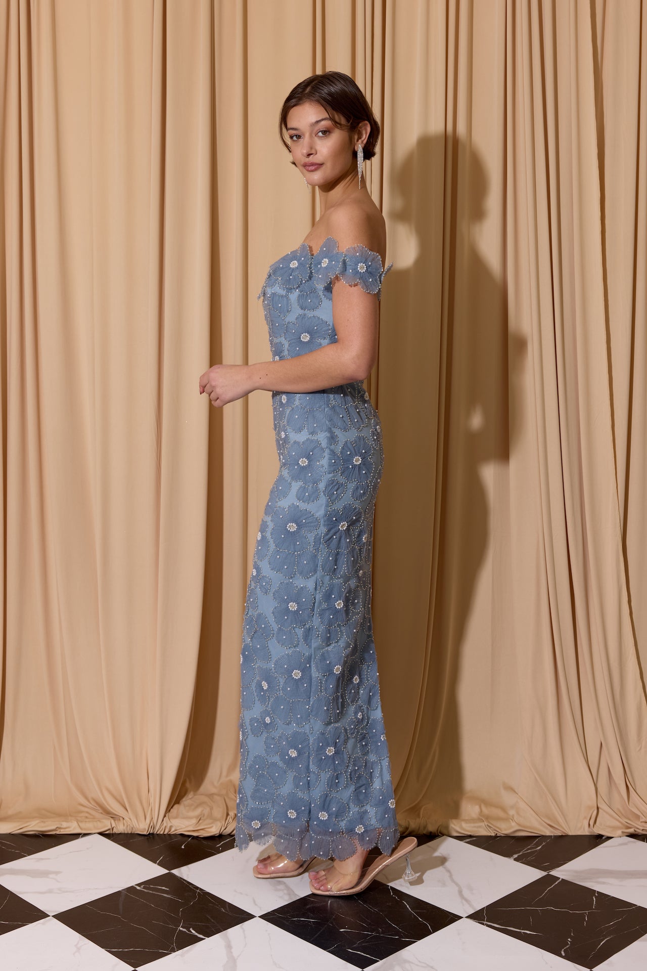 Slate Blue Off-the-Shoulder Floor-Length Lace Formal Floral Applique Gown Eureka Fashion EK205
