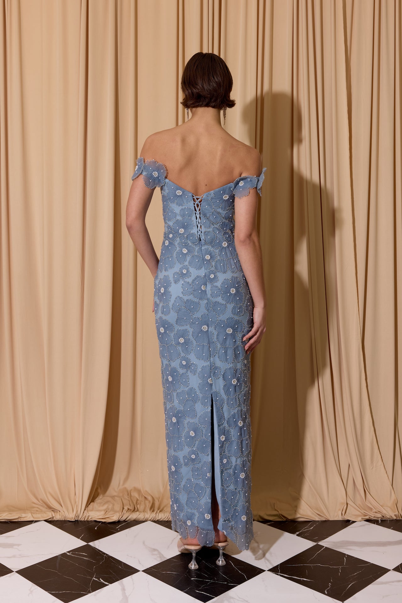 Slate Blue Off-the-Shoulder Floor-Length Lace Formal Floral Applique Gown Eureka Fashion EK205