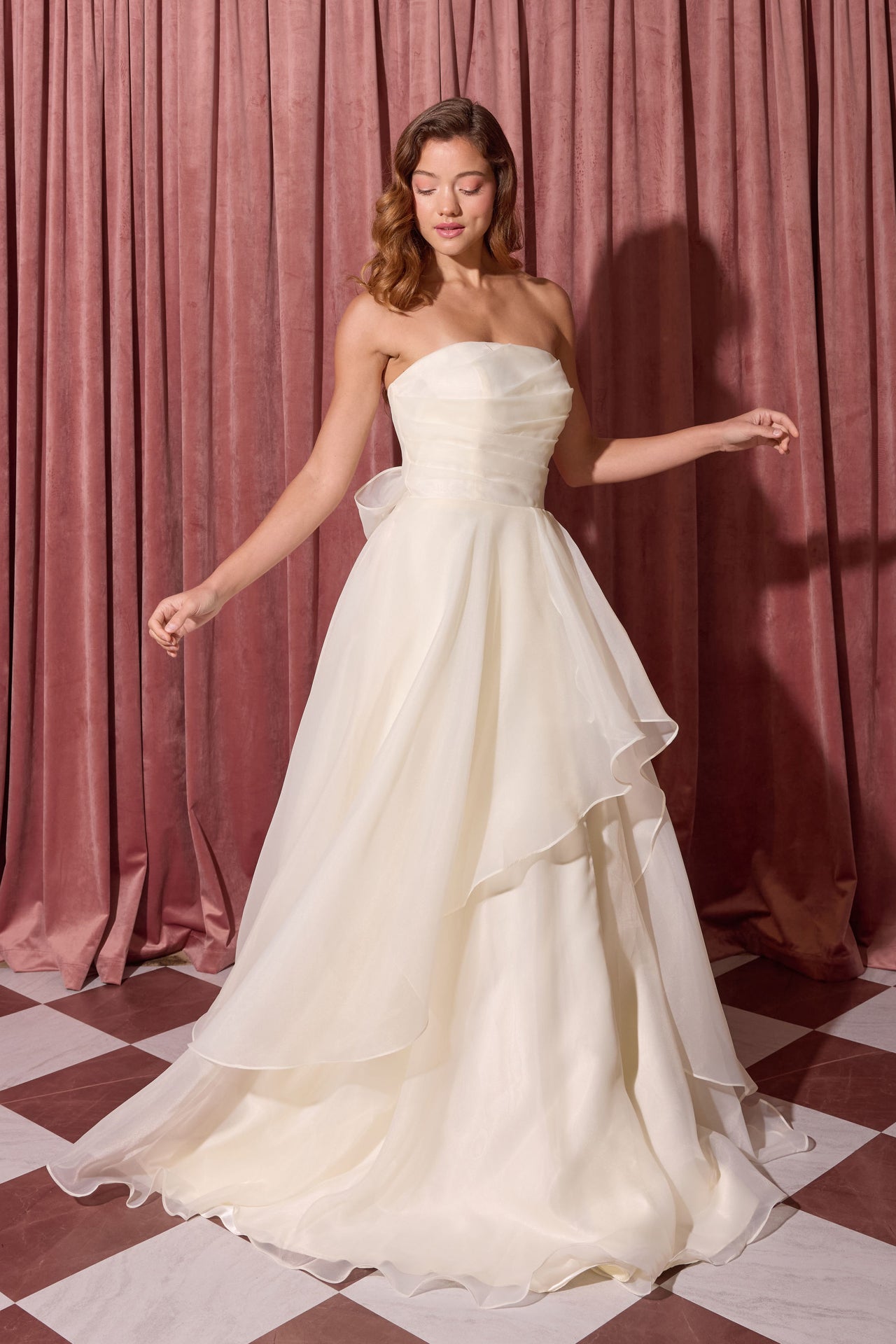 Opal Ivory Strapless Floor-Length Organza Wedding Layered Dress Eureka Fashion EK216