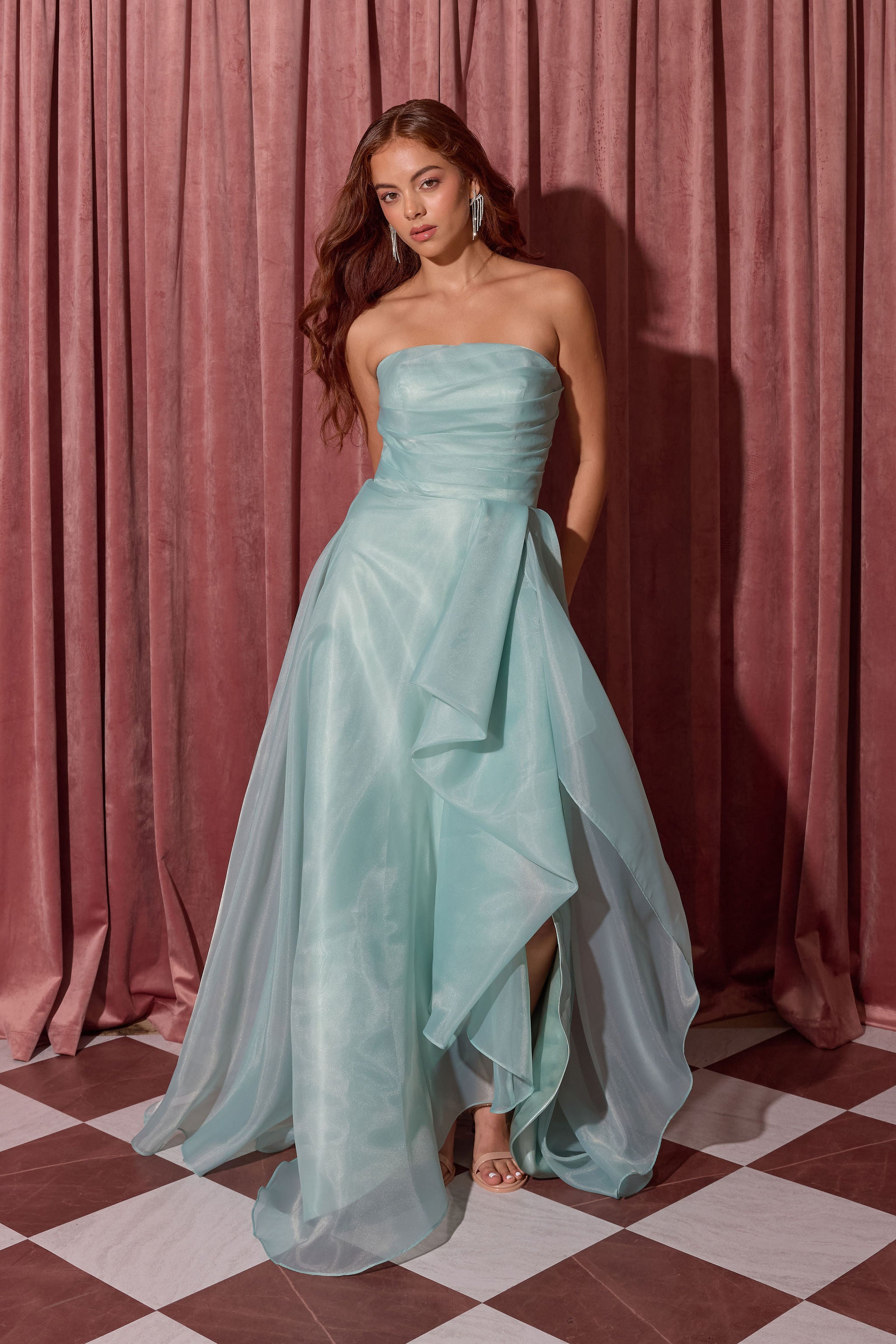 Sea Glass Strapless Floor-Length Organza Prom Dress Layered Eureka Fashion EK216