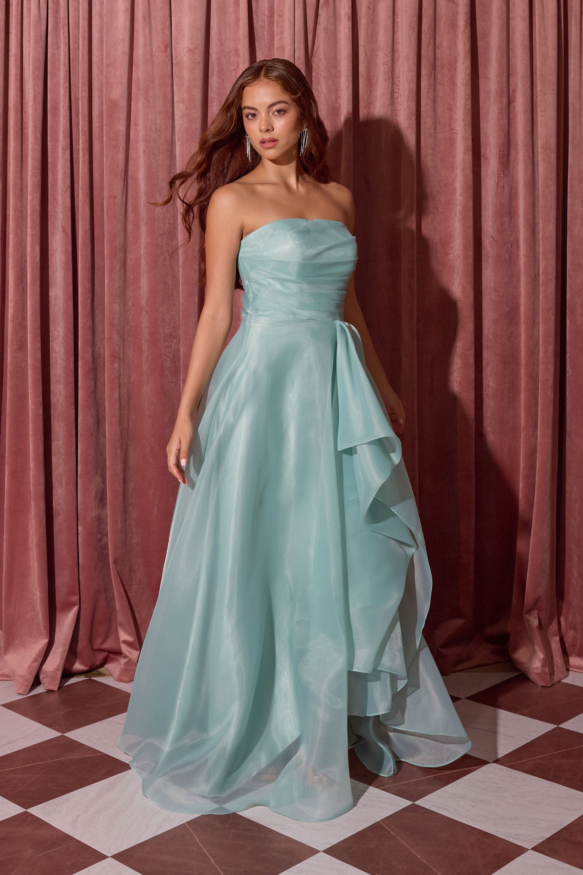 Sea Glass Strapless Floor-Length Organza Prom Dress Layered Eureka Fashion EK216