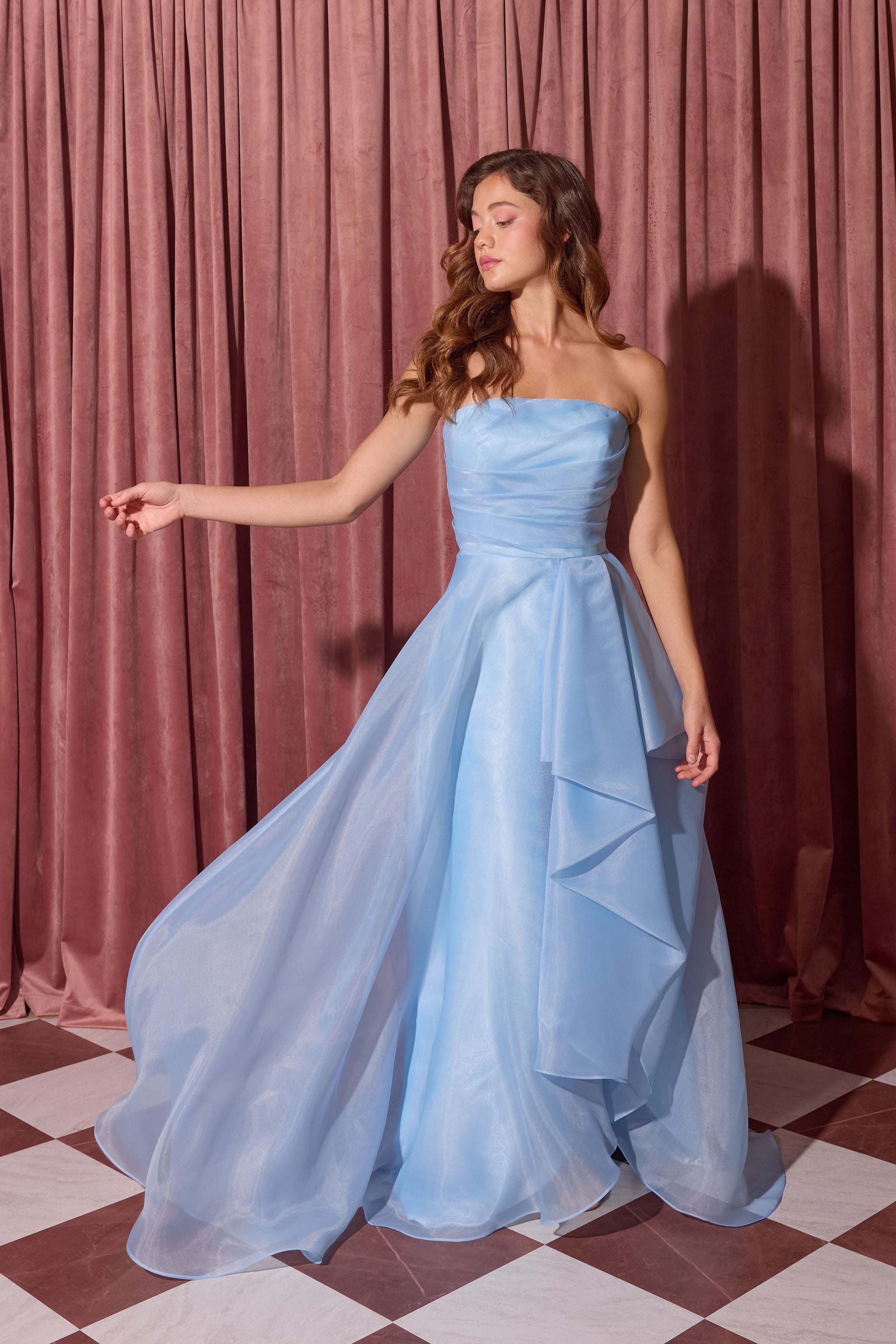 Powder Blue Strapless Floor-Length Organza Prom Dress Layered Eureka Fashion EK216