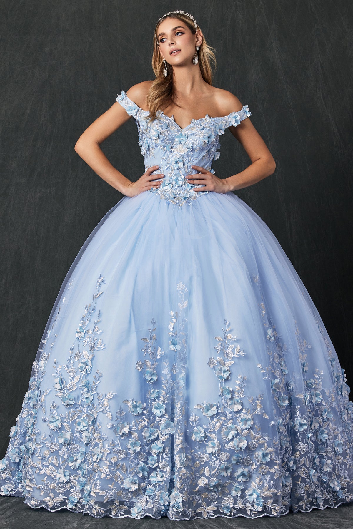 Quinceniera Dresses 3D Floral Long Ball Gown Quinceanera Dress Juliet JT1434 Bahama Blue