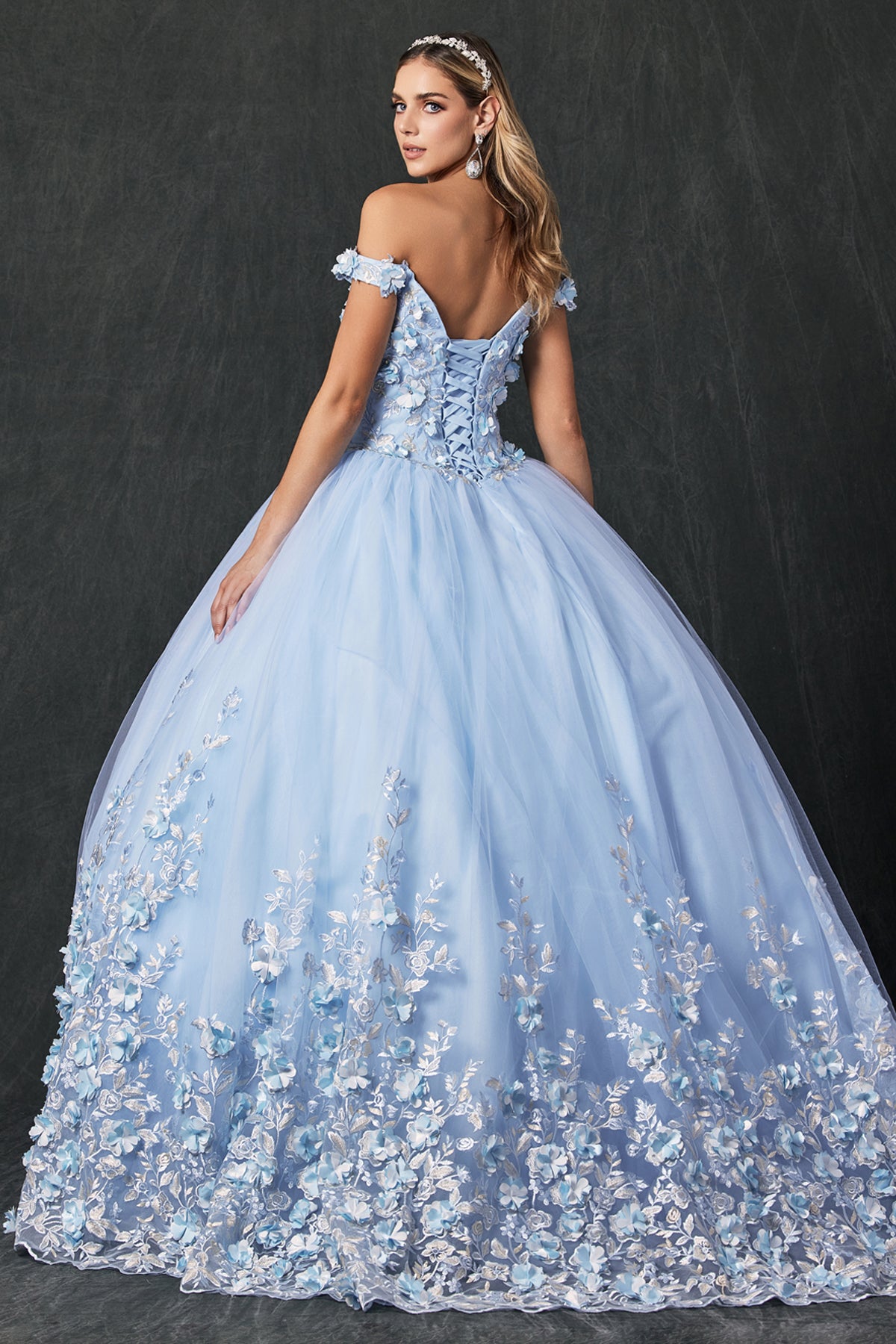 Quinceniera Dresses 3D Floral Long Ball Gown Quinceanera Dress Juliet JT1434 Bahama Blue