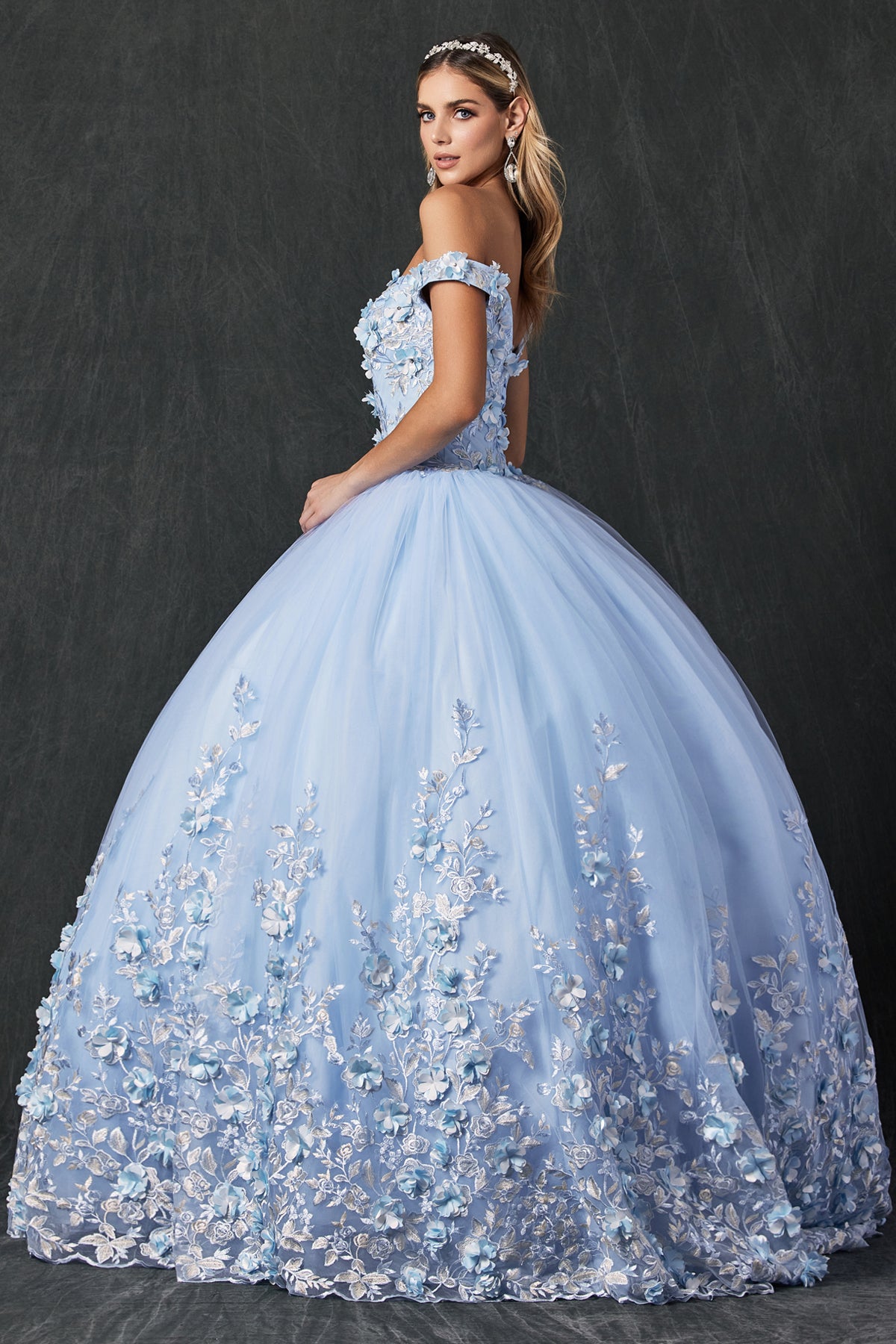 Quinceniera Dresses 3D Floral Long Ball Gown Quinceanera Dress Juliet JT1434 Bahama Blue