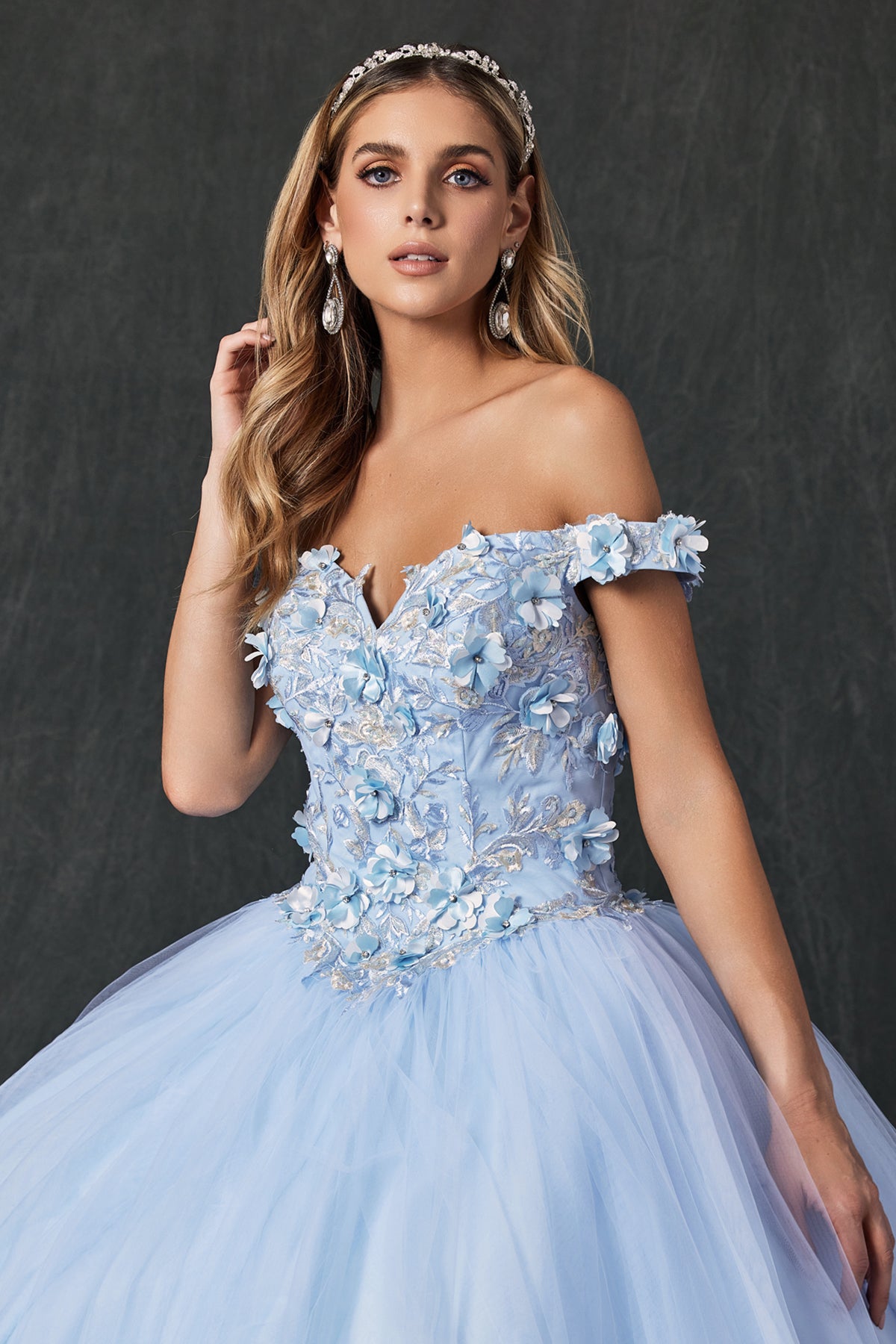 Quinceniera Dresses 3D Floral Long Ball Gown Quinceanera Dress Juliet JT1434 Bahama Blue