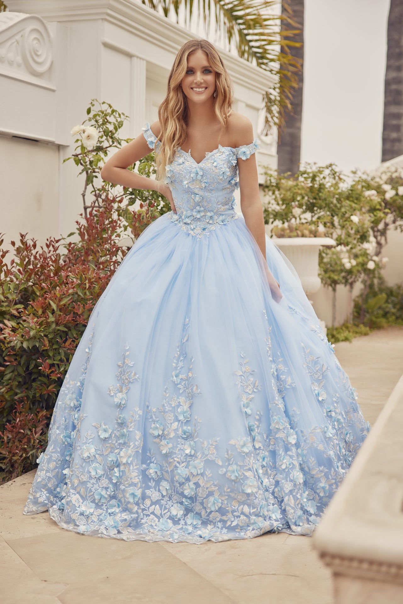 Quinceniera Dresses 3D Floral Long Ball Gown Quinceanera Dress Juliet JT1434 Bahama Blue