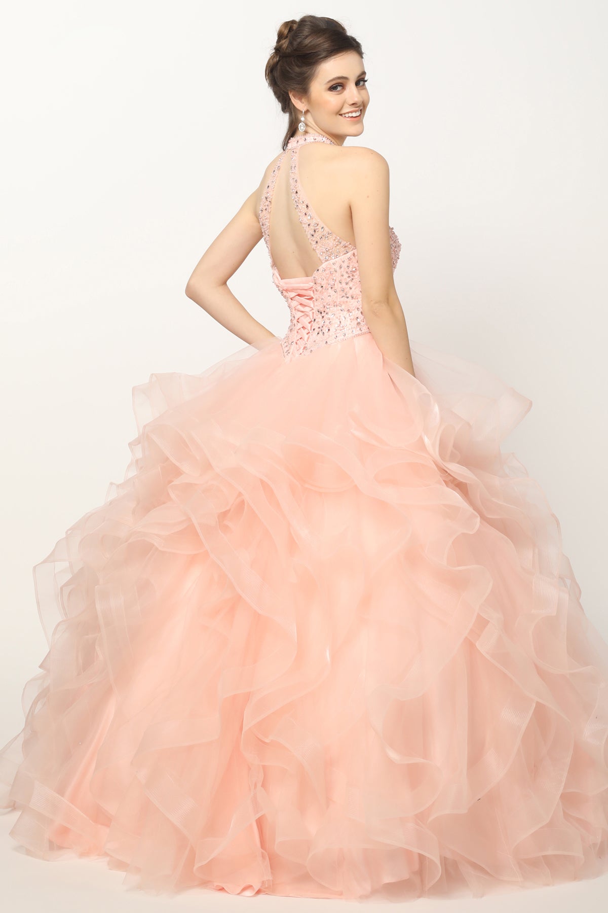 Quinceniera Dresses Beaded Long Ball Gown Ruffle Quinceanera Dress Juliet JT1420 Blush