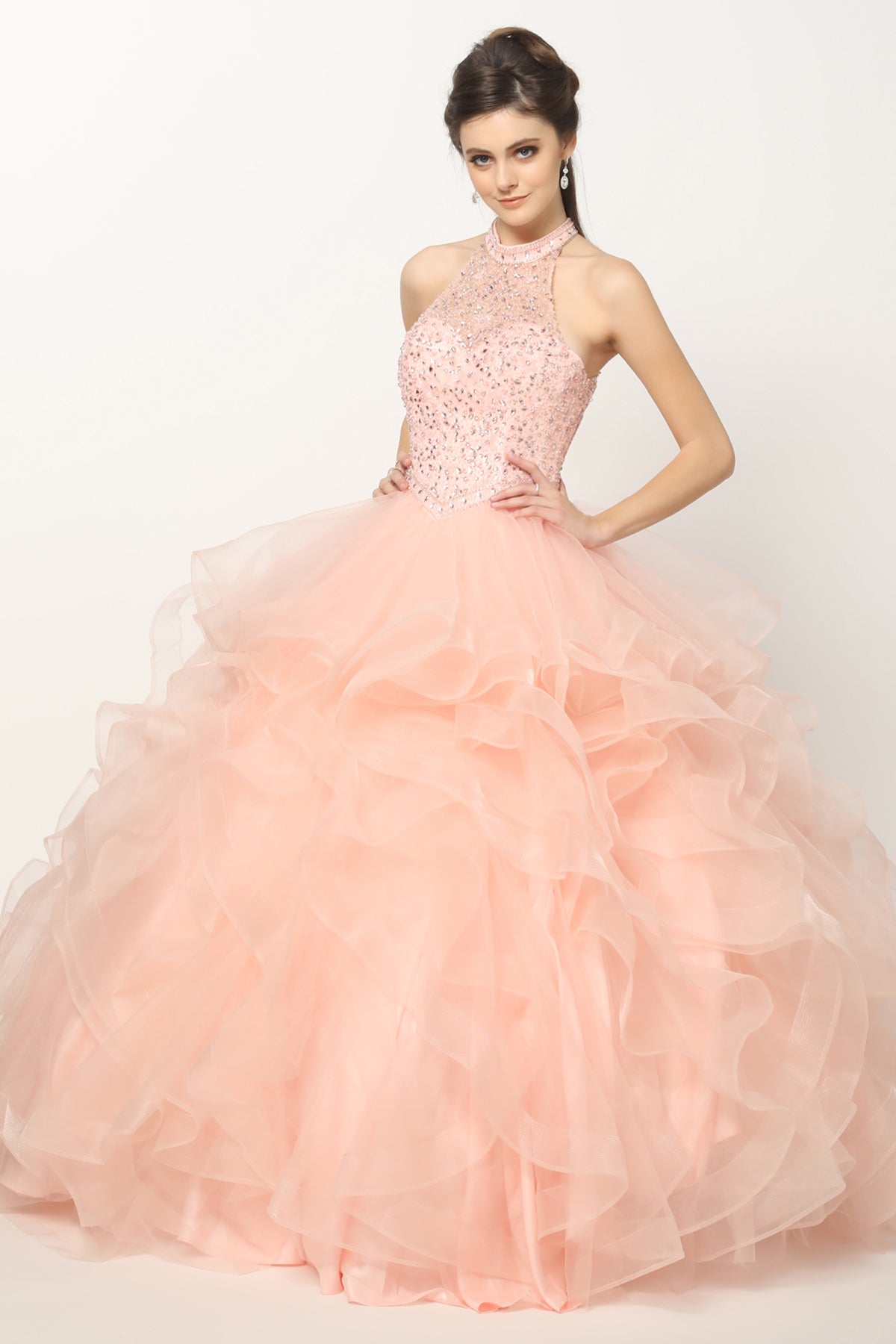 Quinceniera Dresses Beaded Long Ball Gown Ruffle Quinceanera Dress Juliet JT1420 Blush