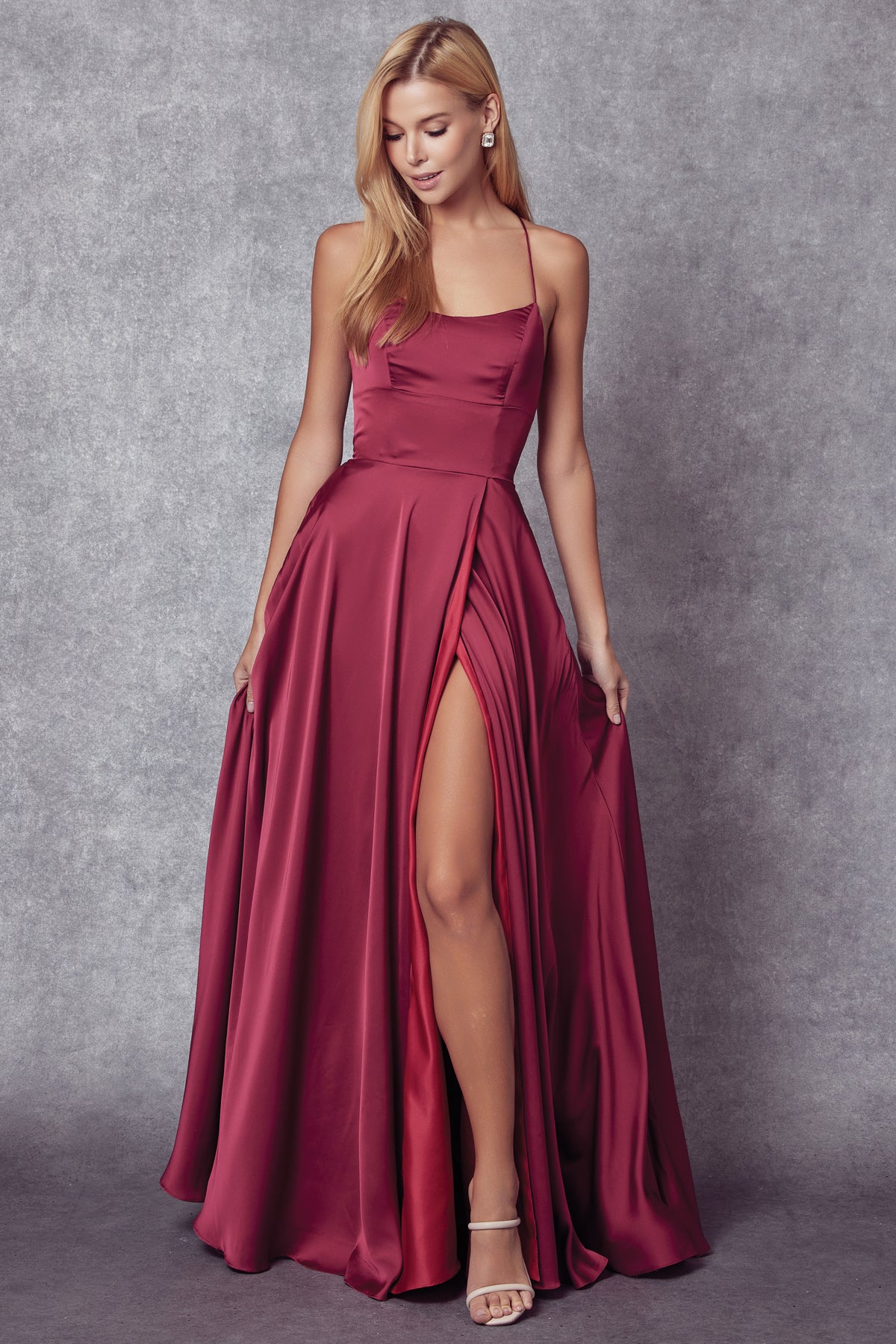Juliet 278 Long A Line Formal Slit Prom Dress