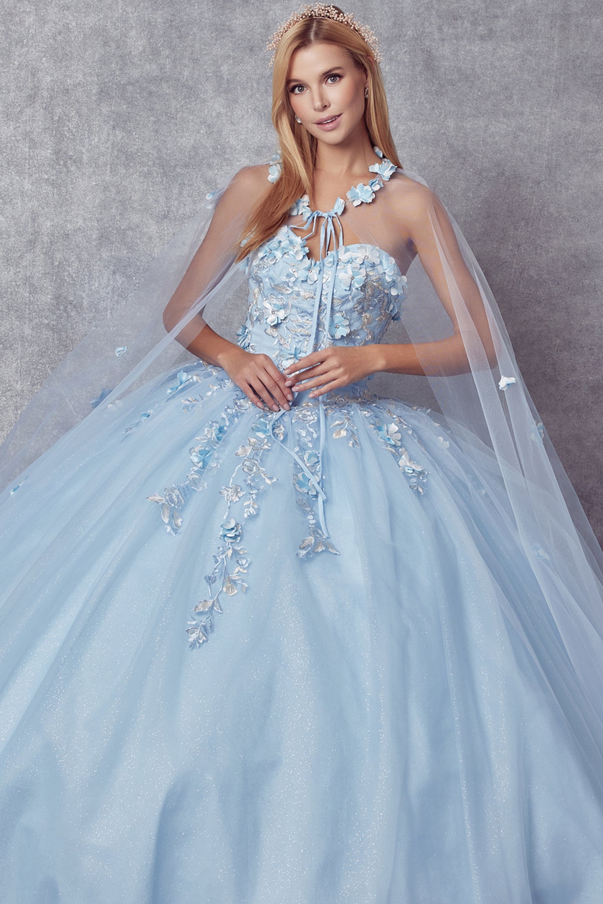 Quinceniera Dresses Ball Gown Long 3D Floral Cape Quinceanera Dress Juliet JT1435 Bahama Blue