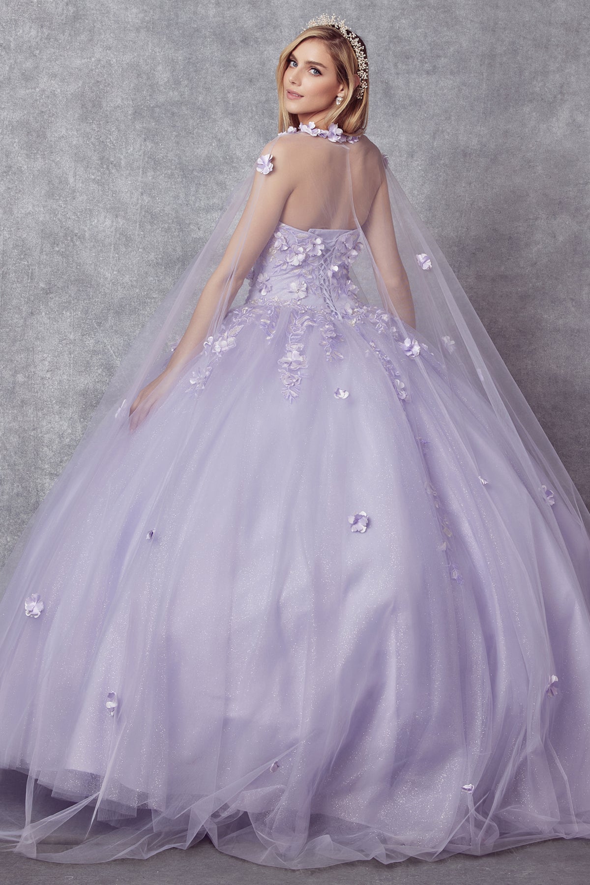 Quinceniera Dresses Ball Gown Long 3D Floral Cape Quinceanera Dress Juliet JT1435 Lilac