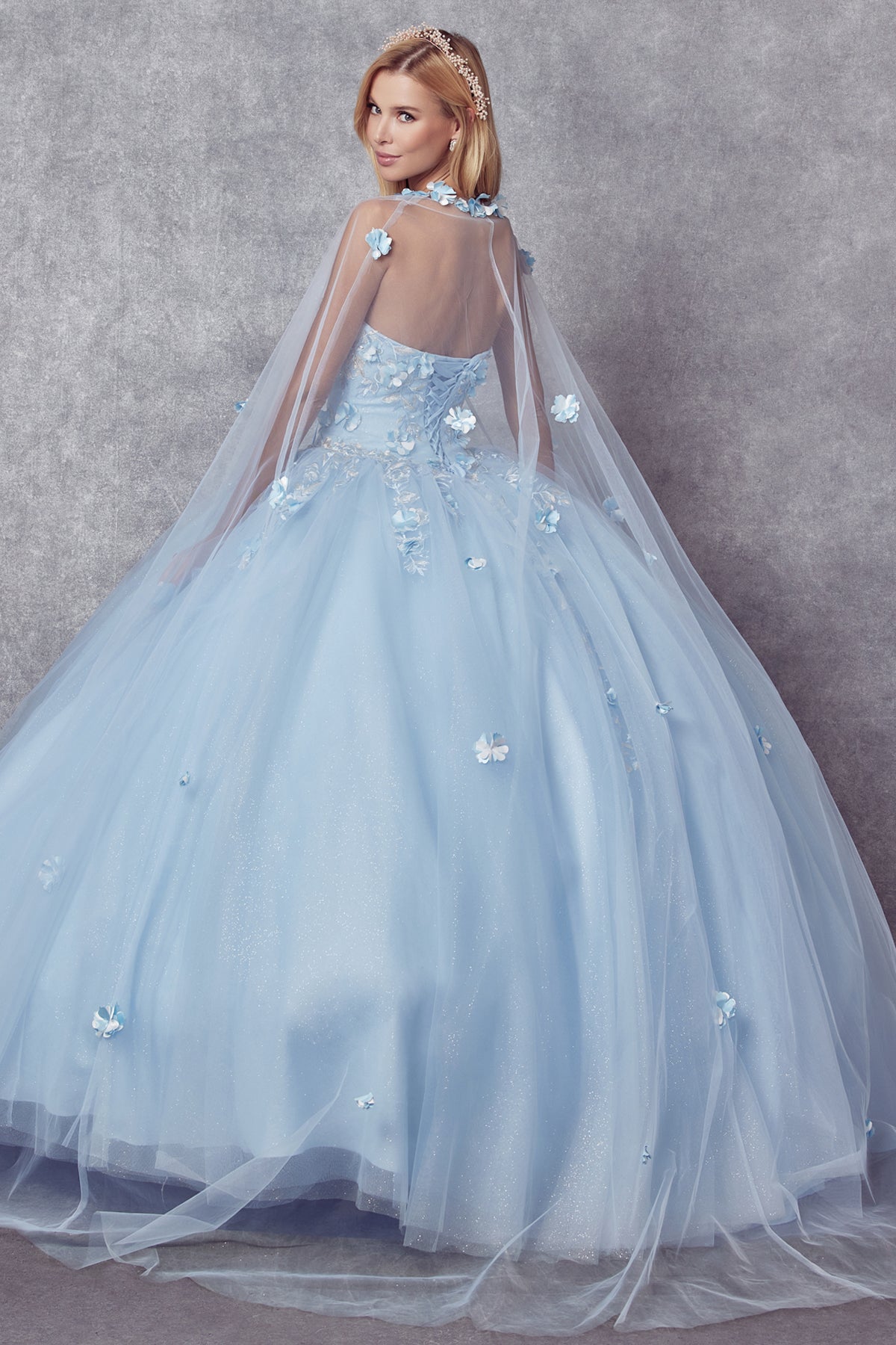 Quinceniera Dresses Ball Gown Long 3D Floral Cape Quinceanera Dress Juliet JT1435 Bahama Blue