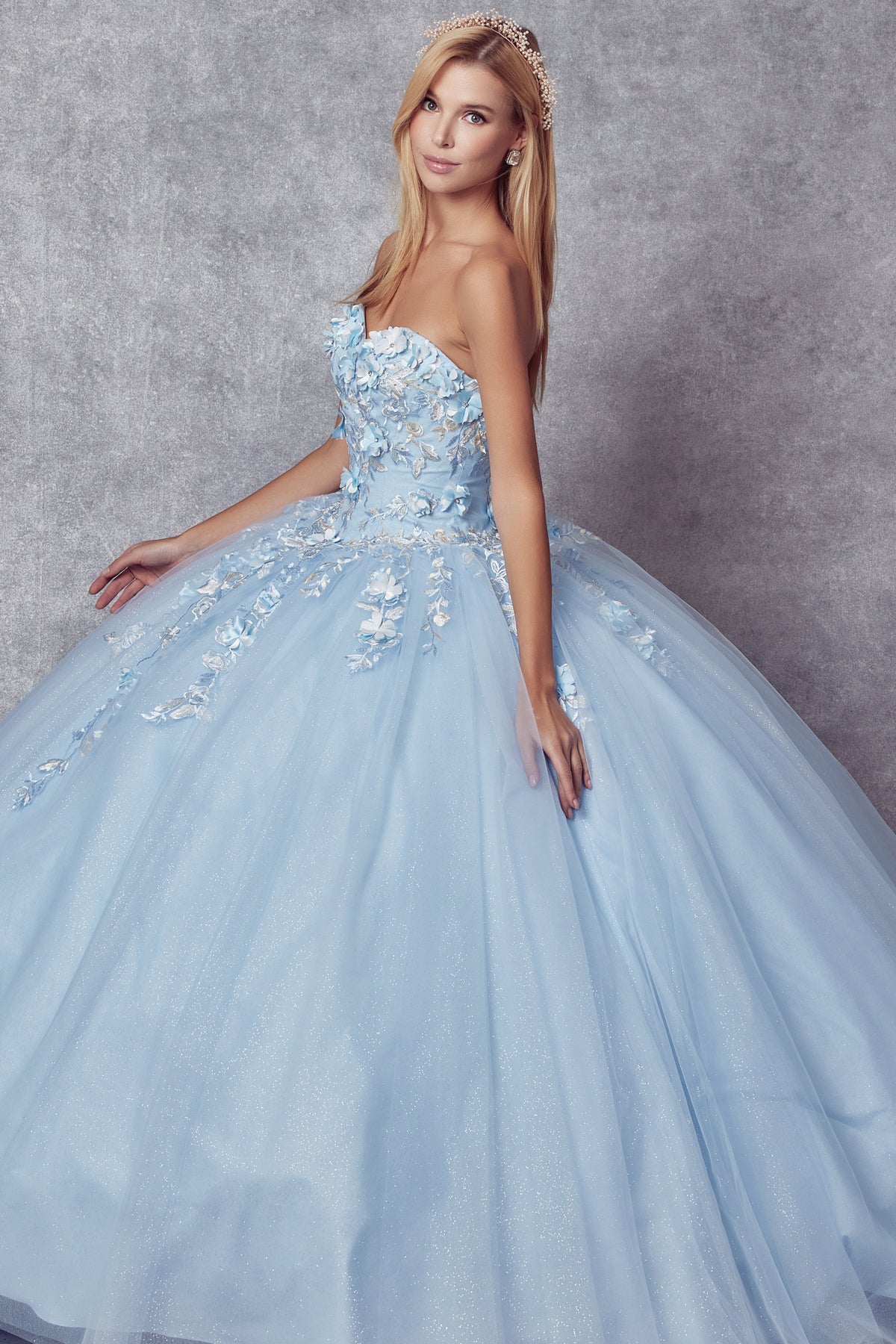 Quinceniera Dresses Ball Gown Long 3D Floral Cape Quinceanera Dress Juliet JT1435 Bahama Blue
