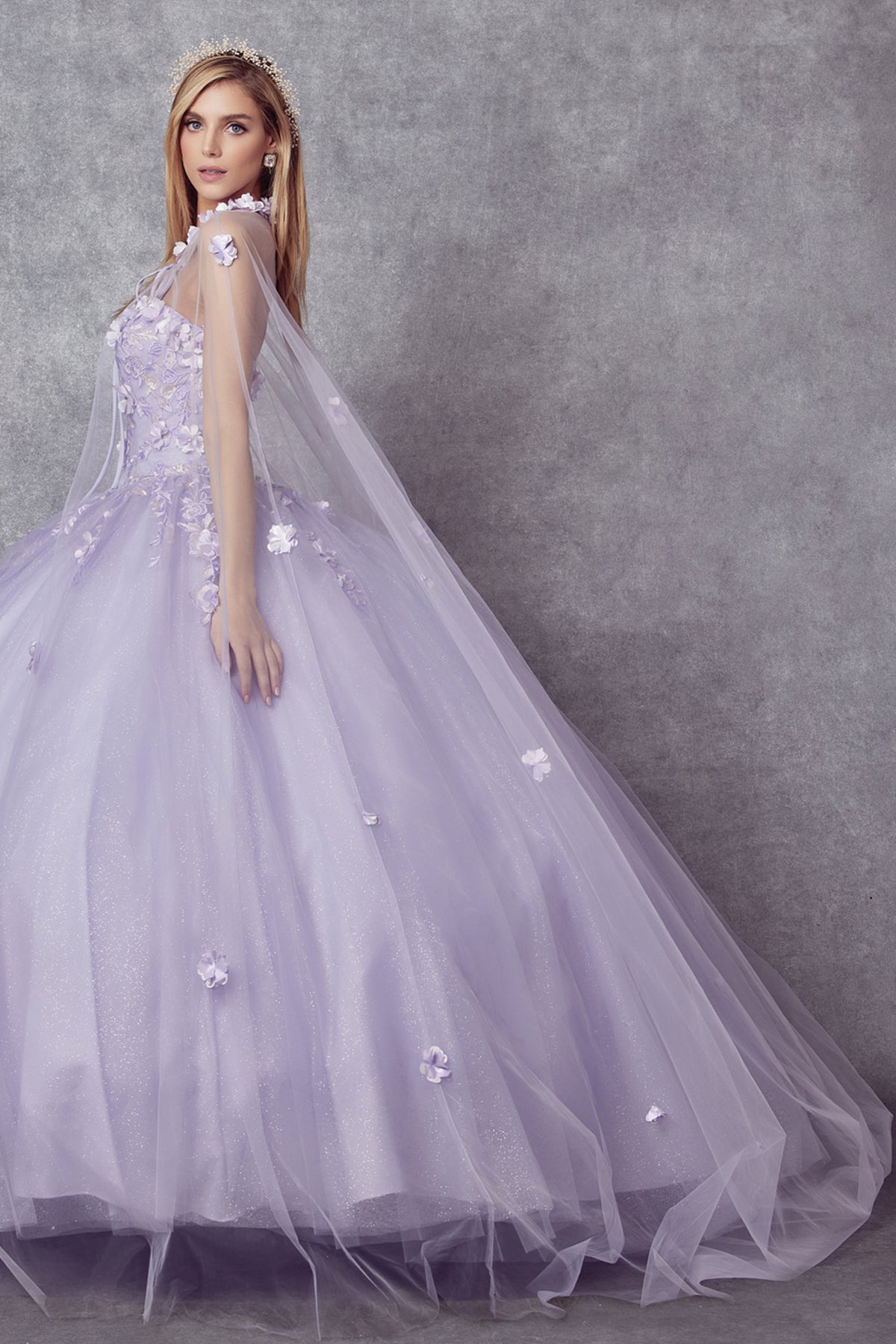 Quinceniera Dresses Ball Gown Long 3D Floral Cape Quinceanera Dress Juliet JT1435 Lilac