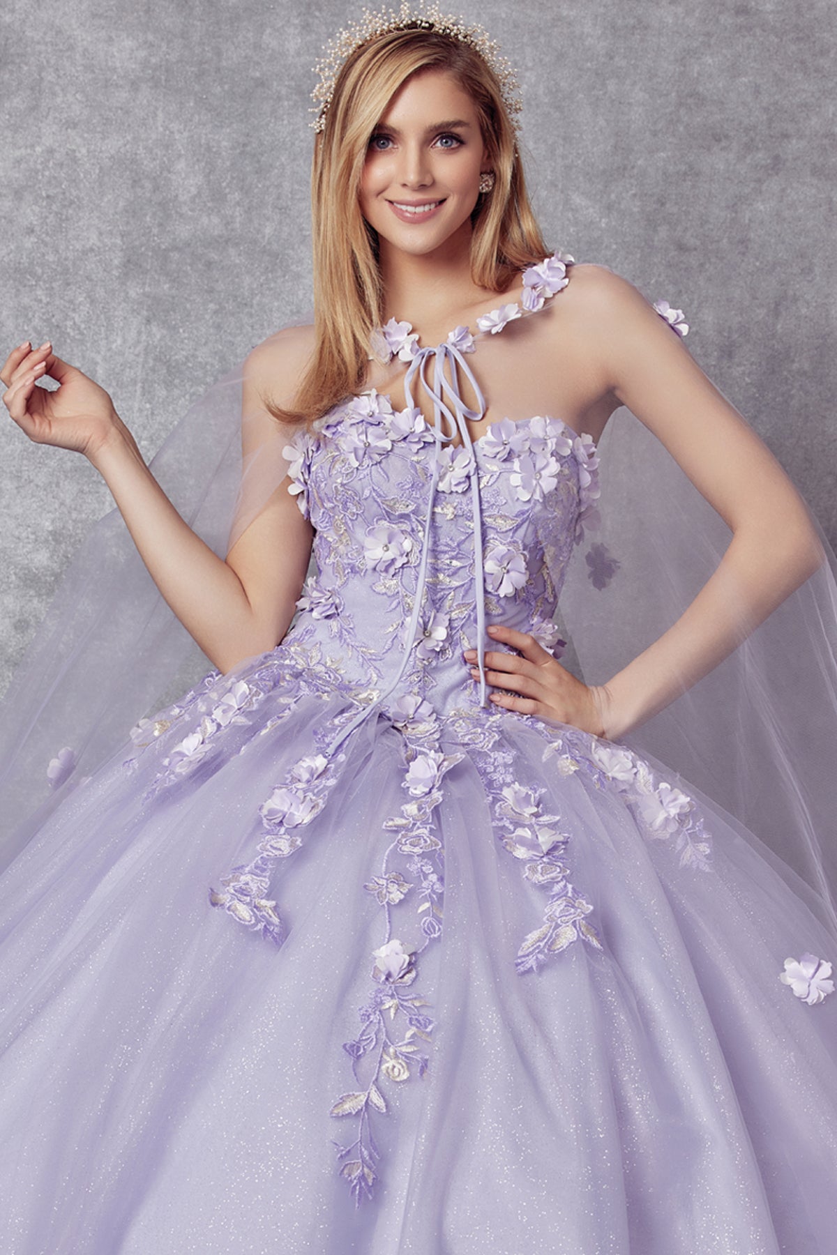 Quinceniera Dresses Ball Gown Long 3D Floral Cape Quinceanera Dress Juliet JT1435 Lilac