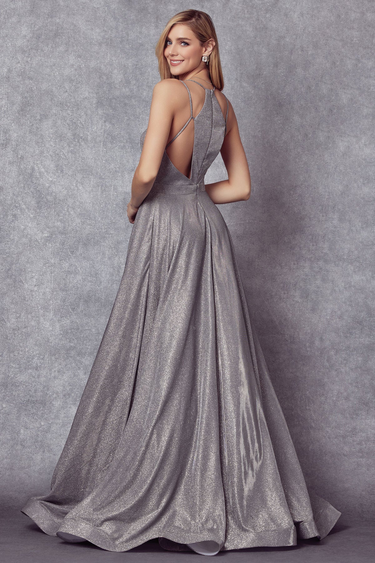 Silver Square Floor-Length Shimmer Dress with A-Line Skirt Formal Gown Juliet 203