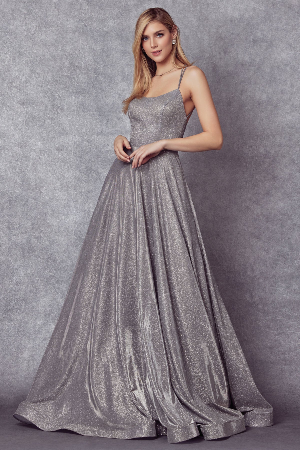 Silver Square Floor-Length Shimmer Dress with A-Line Skirt Formal Gown Juliet 203