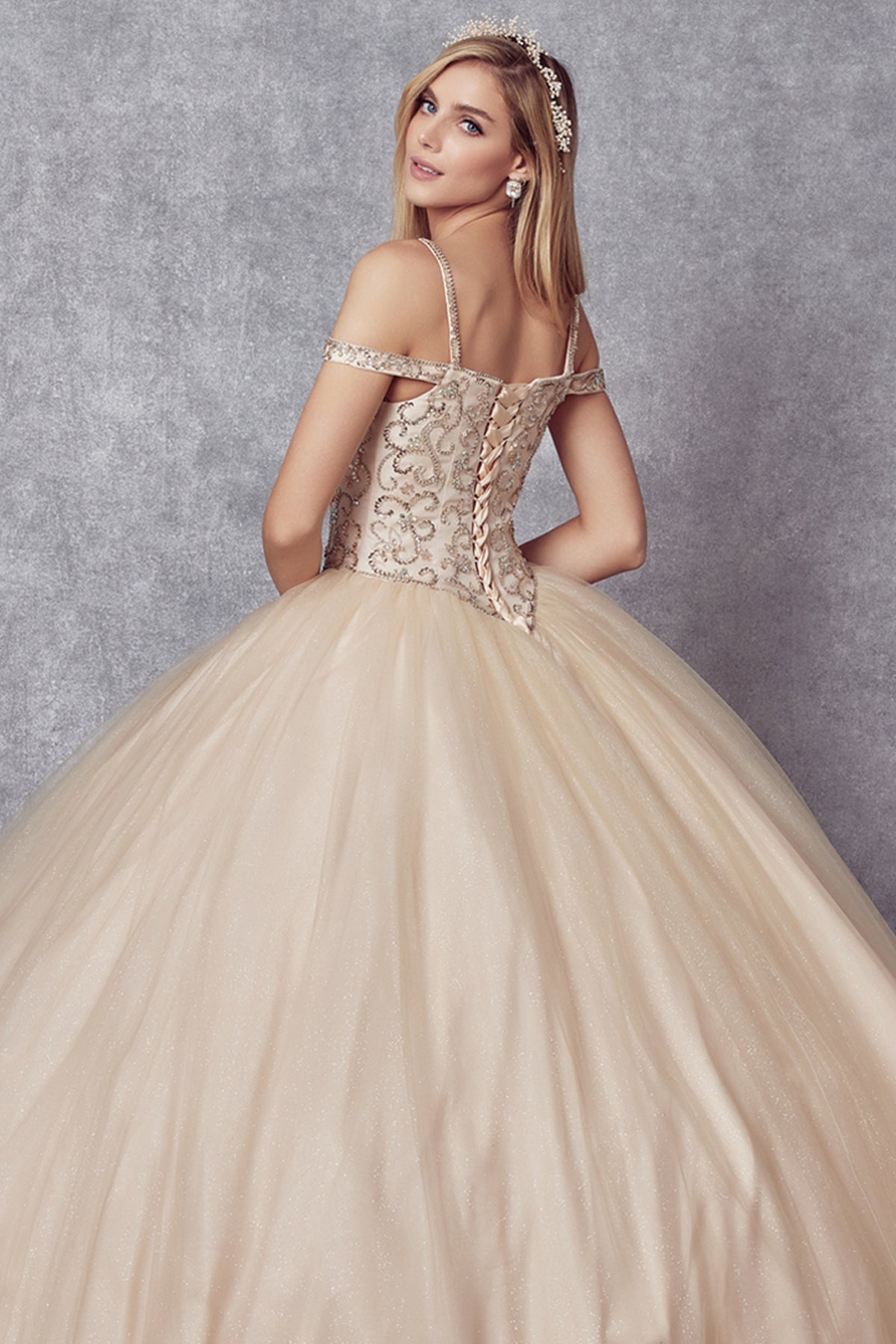 Quinceniera Dresses Long Beaded Ball Gown Quinceanera Dress Juliet JT1426 Champagne