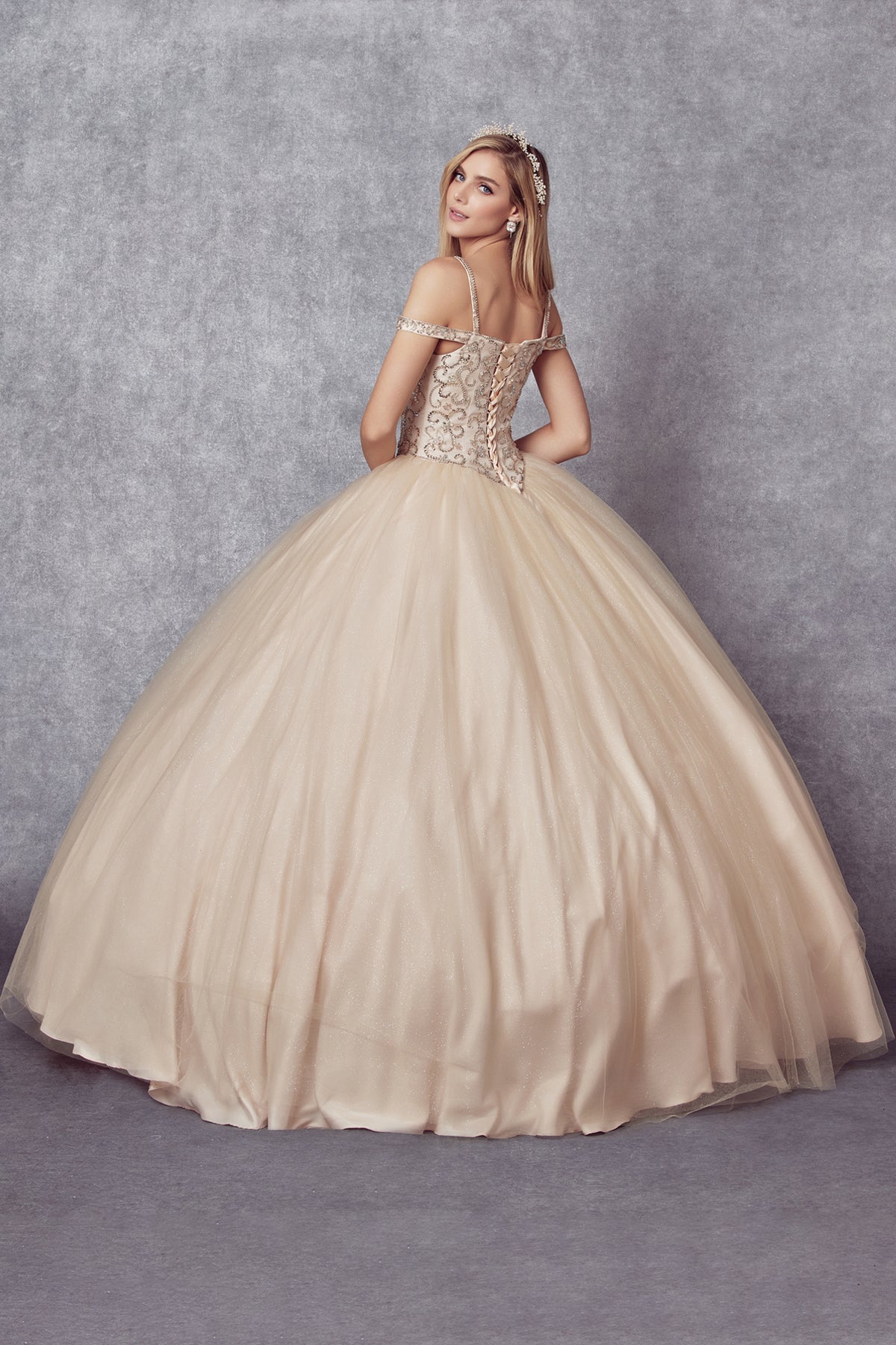 Quinceniera Dresses Long Beaded Ball Gown Quinceanera Dress Juliet JT1426 Champagne