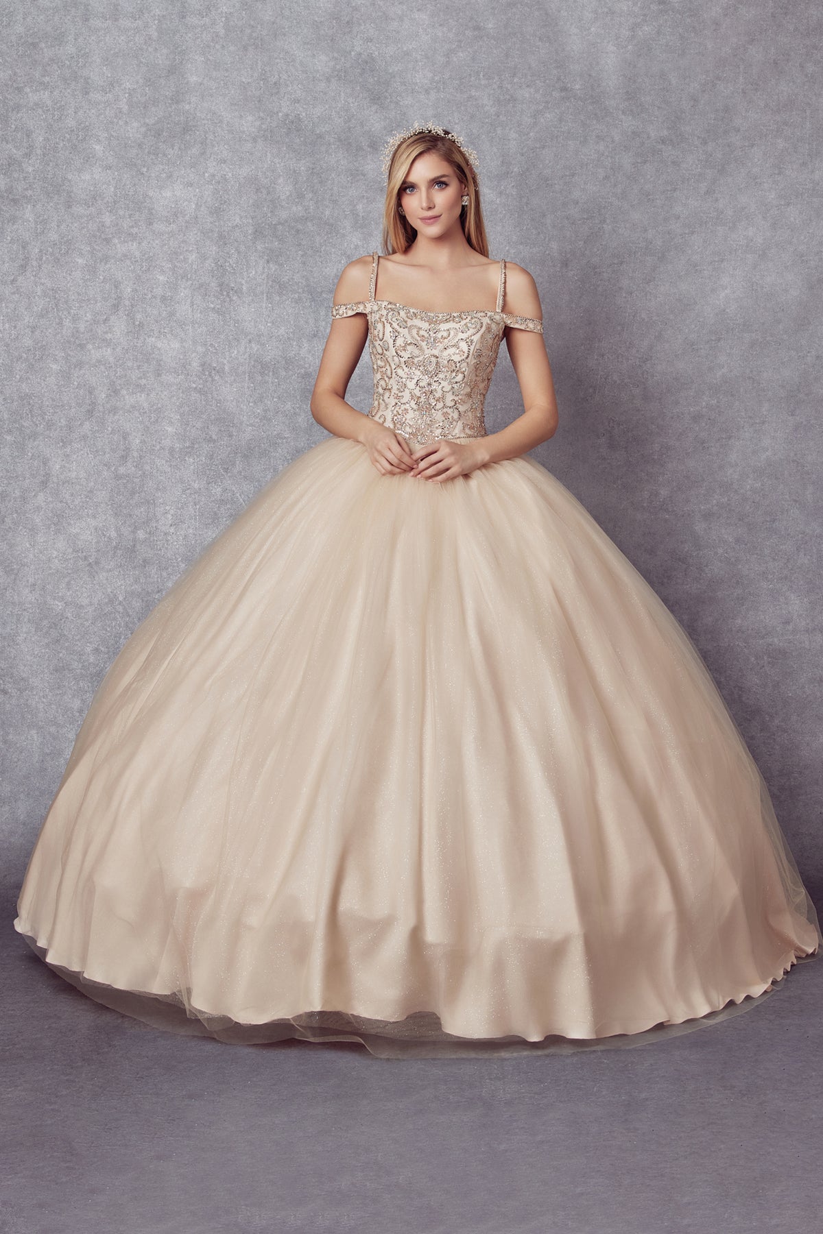 Quinceniera Dresses Long Beaded Ball Gown Quinceanera Dress Juliet JT1426 Champagne