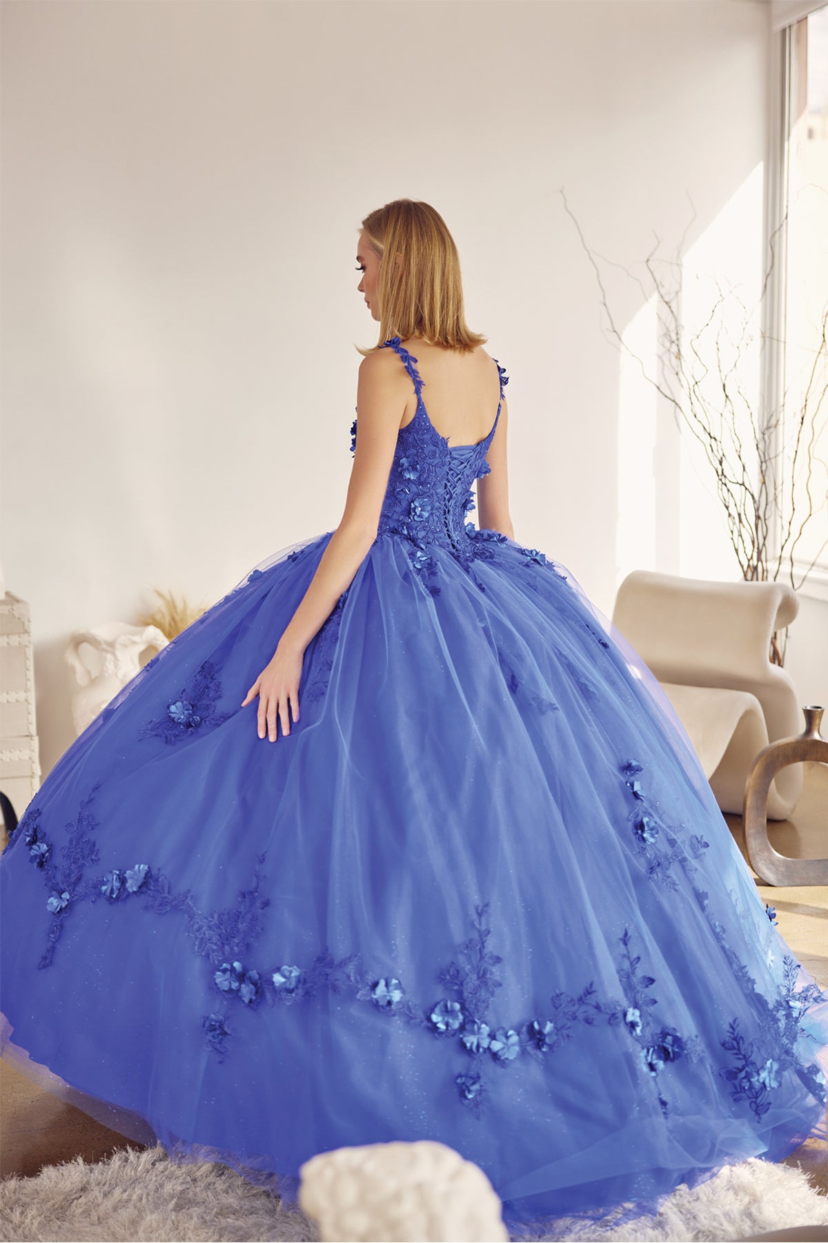 Quinceniera Dresses Cape Long Ball Gown 3D Floral Applique Quinceanera Dress Juliet JT1436 Royal Blue